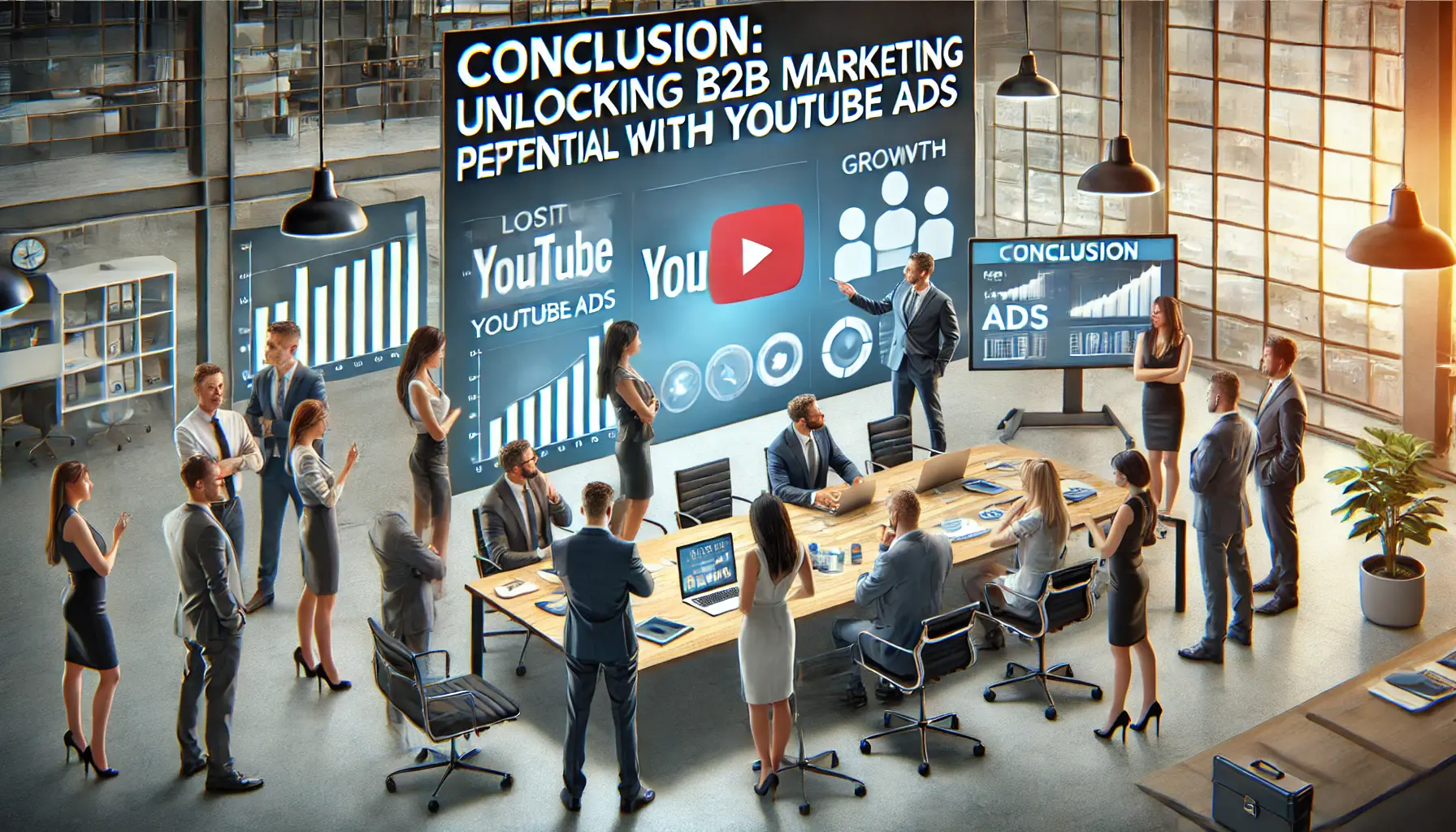 A team of business professionals in a modern office discussing the success of YouTube ad campaigns, analyzing positive results on a screen.