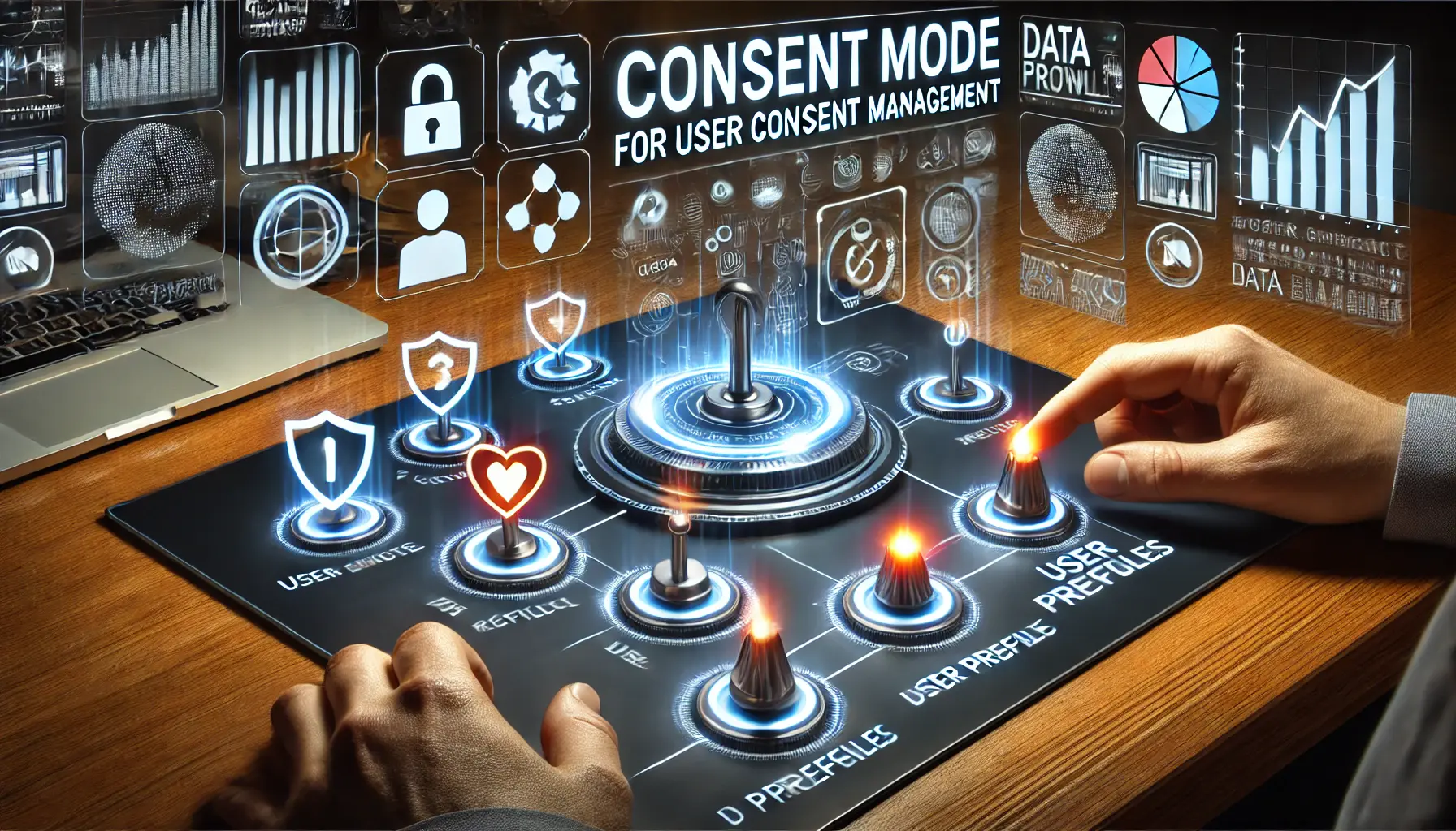 A digital interface showing user consent toggles surrounded by privacy icons like shields and user profiles, symbolizing consent mode for user consent management.