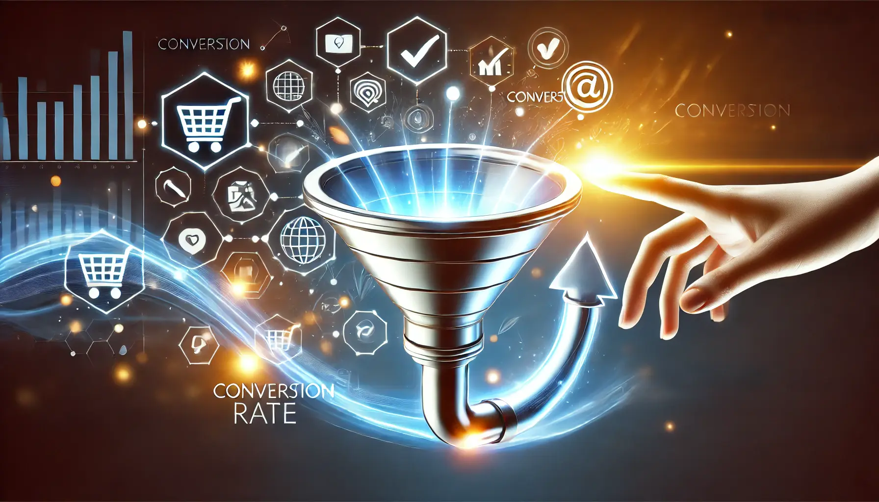 A digital funnel showing user interactions moving through and converting into a completed transaction, represented by a glowing check mark or shopping cart.