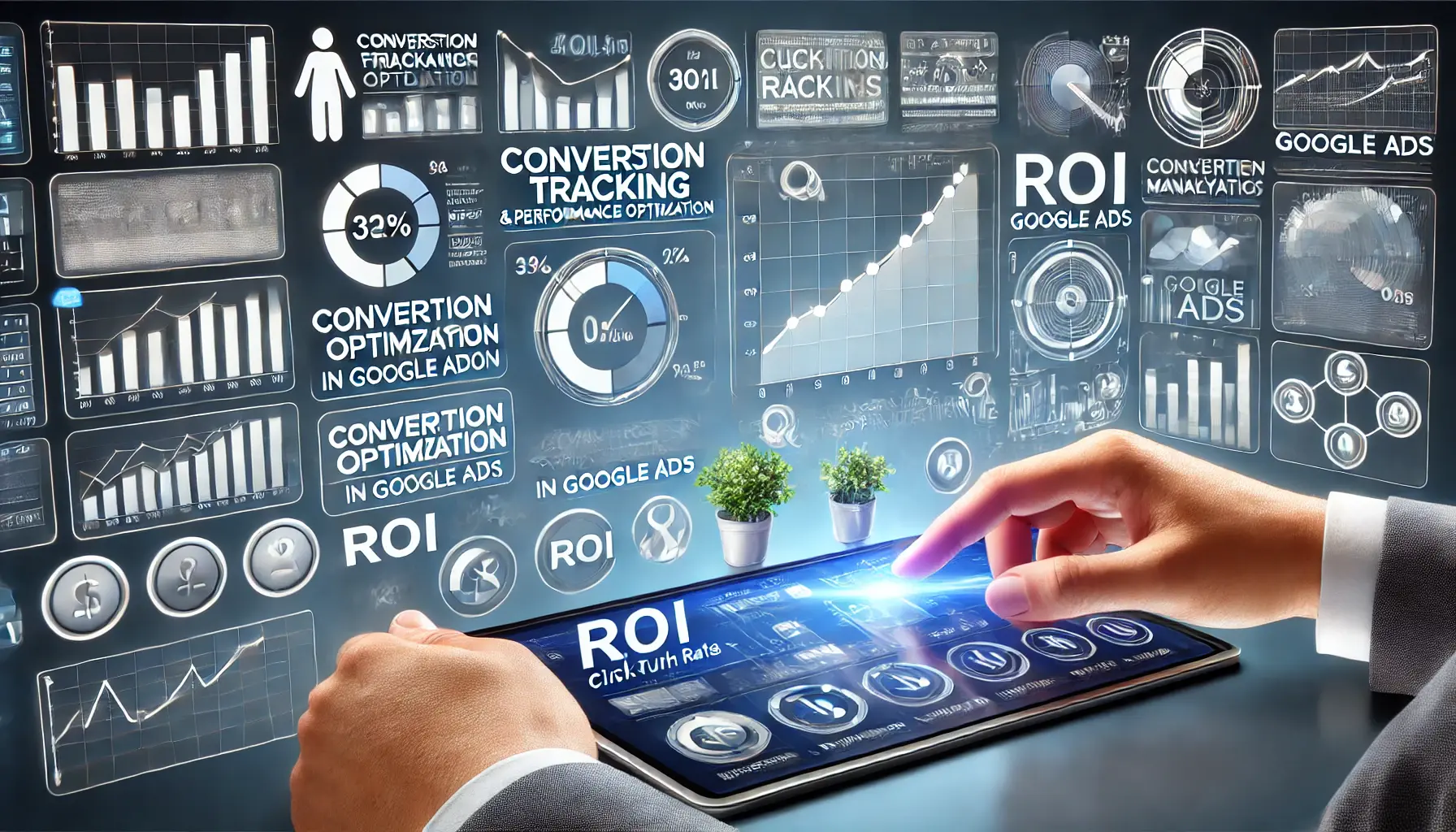 A depiction of conversion tracking and performance optimization in Google Ads, featuring analytics dashboards and conversion metrics.