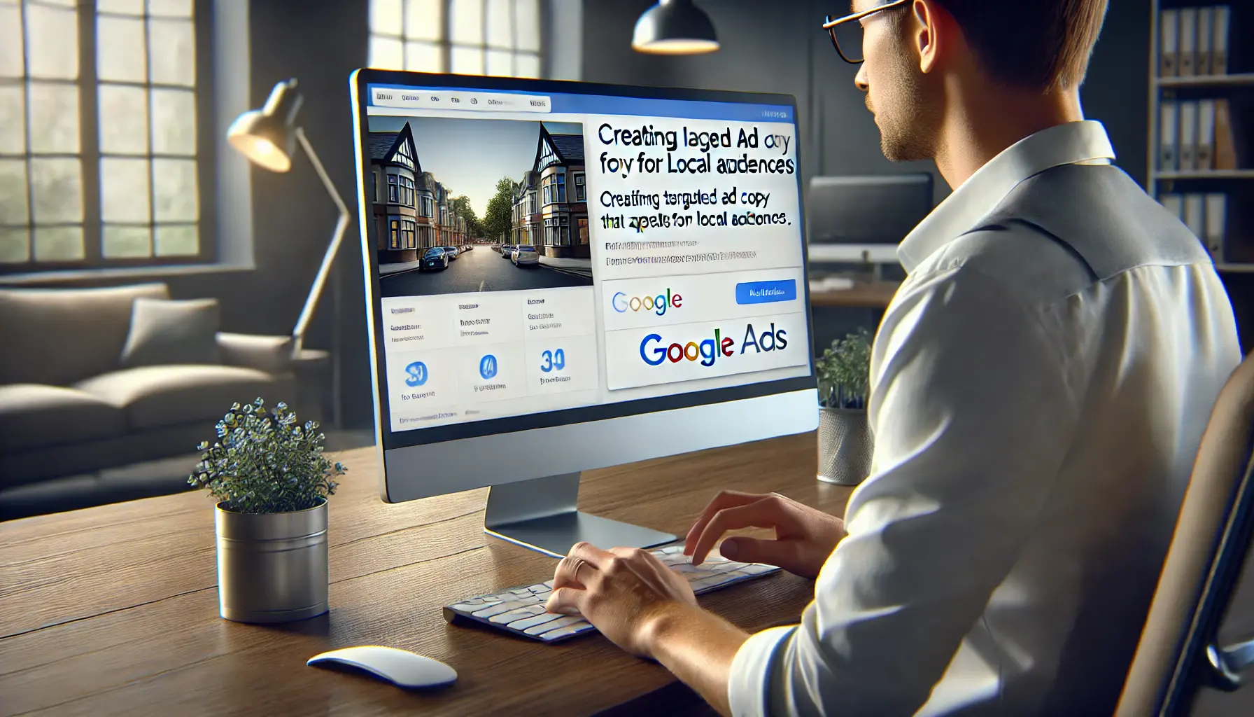 A digital marketing professional creating ad copy tailored for local audiences, with Google Ads interface displayed on the computer screen.