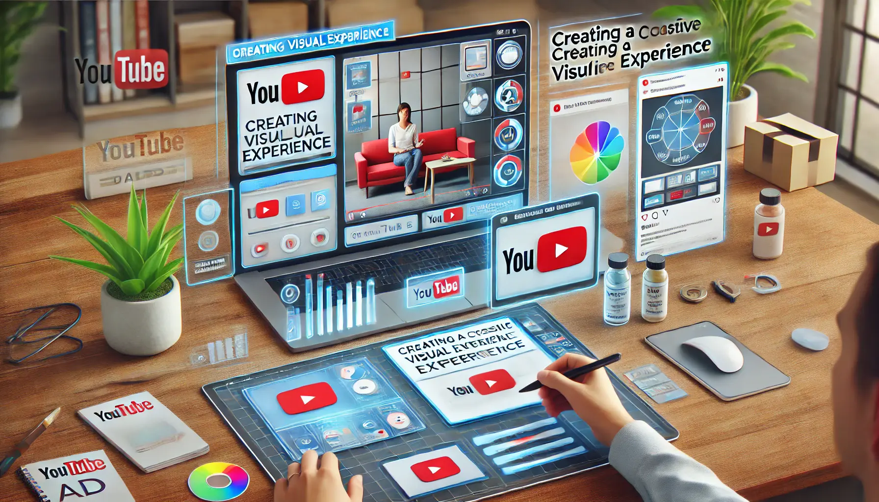 A digital workspace showing a marketer reviewing a YouTube ad campaign, ensuring a consistent visual design with brand colors, logos, and cohesive elements.