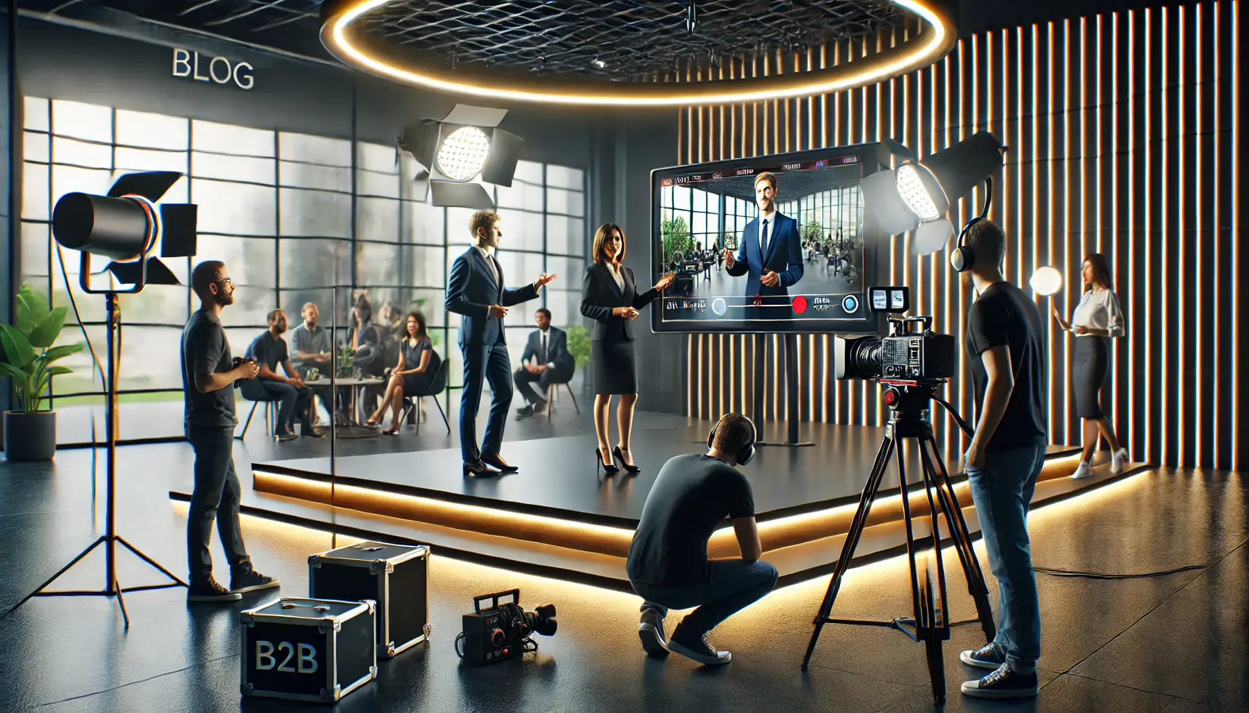 A video production team filming a B2B video with a presenter in a modern studio, adjusting cameras and lighting equipment.