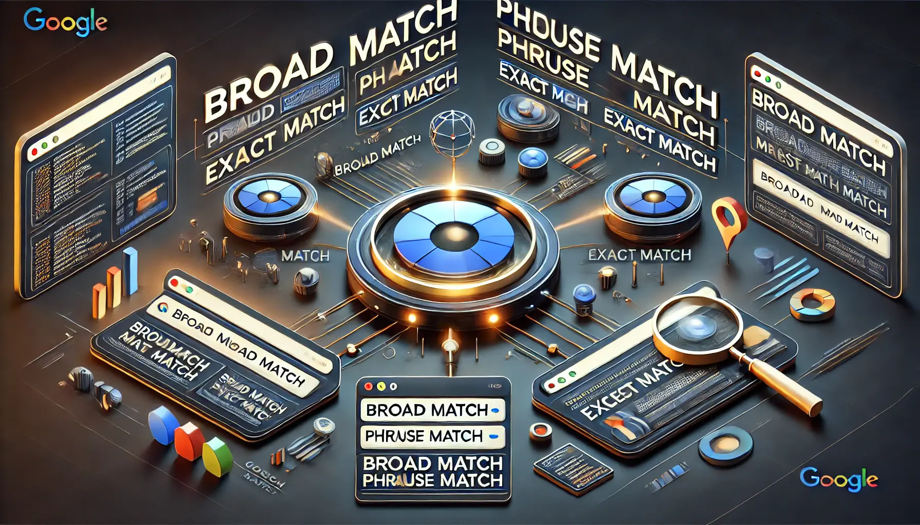 A depiction of different keyword match types in Google Ads, showcasing broad, phrase, and exact match with corresponding ad triggers.