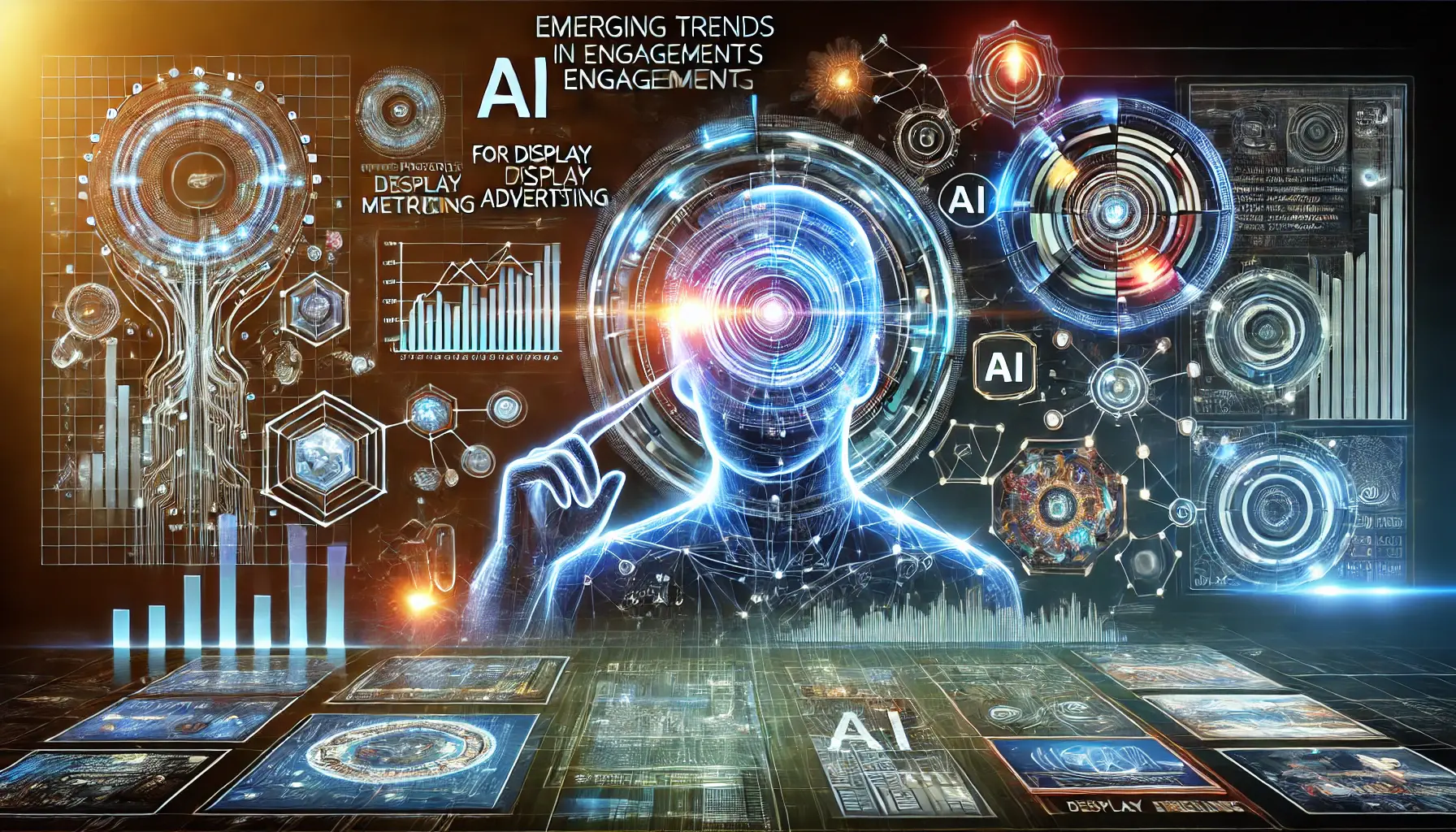 Futuristic technology elements such as AI-powered data analysis, machine learning algorithms, and interactive digital ads with glowing graphs and neural networks.