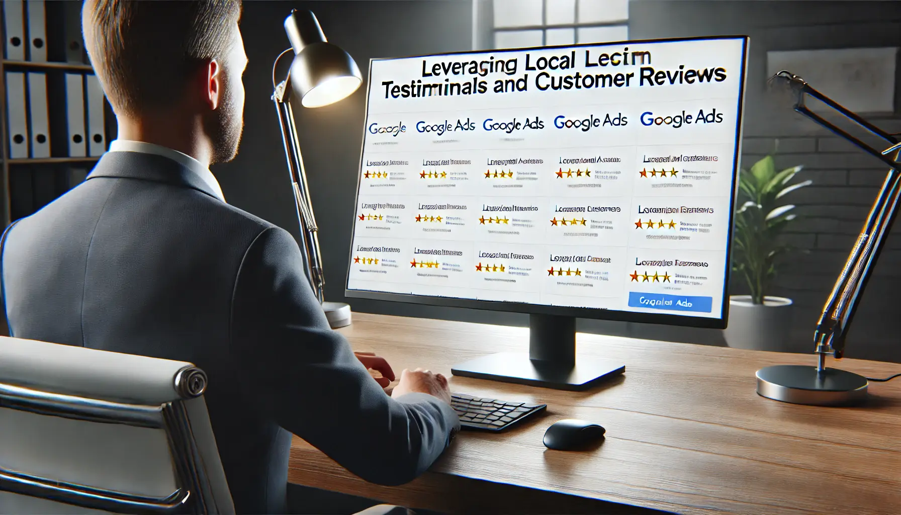 A digital marketing professional reviewing local testimonials and customer reviews on a Google Ads interface.