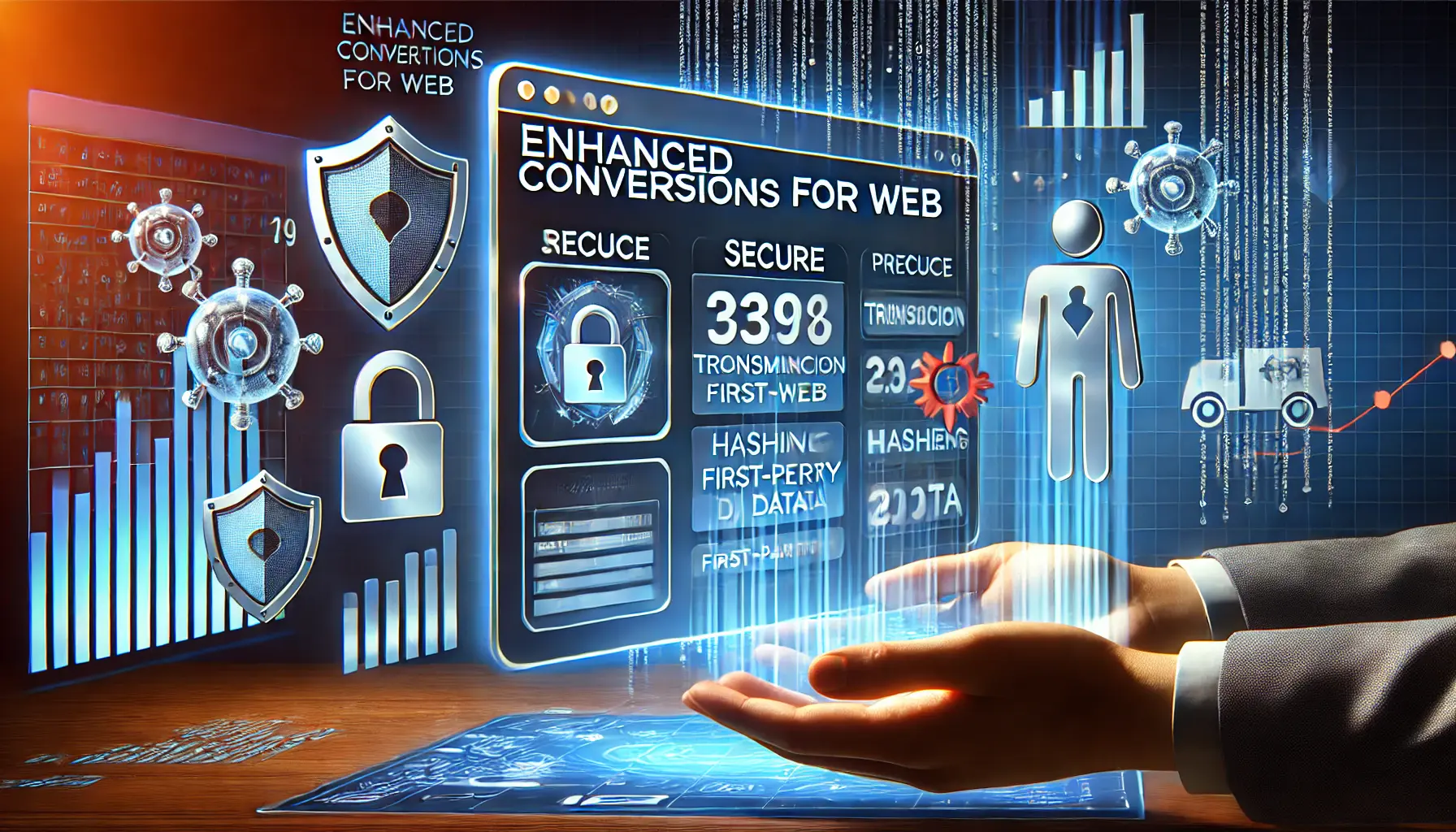 A secure website interface displaying conversion metrics with privacy-focused icons like shields and data encryption symbols, symbolizing enhanced conversions.