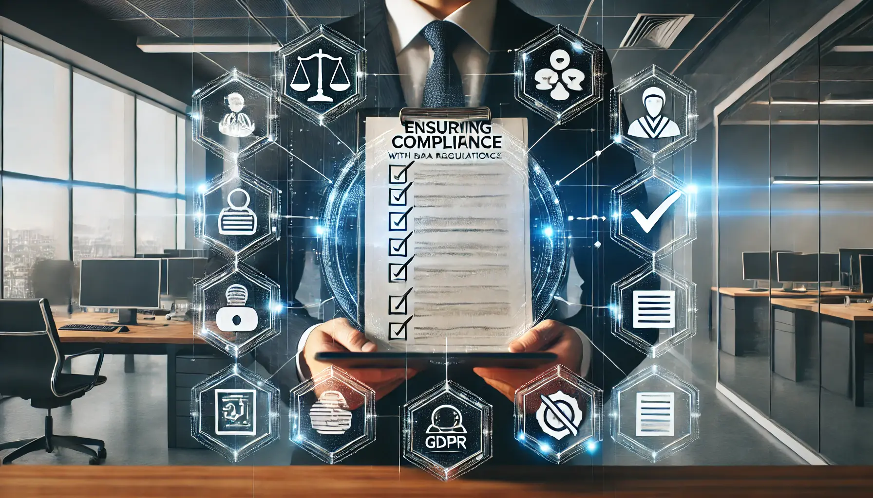 A professional reviewing a compliance checklist on a tablet, surrounded by holographic icons like legal scales, shields, and document approvals, symbolizing adherence to data privacy regulations.