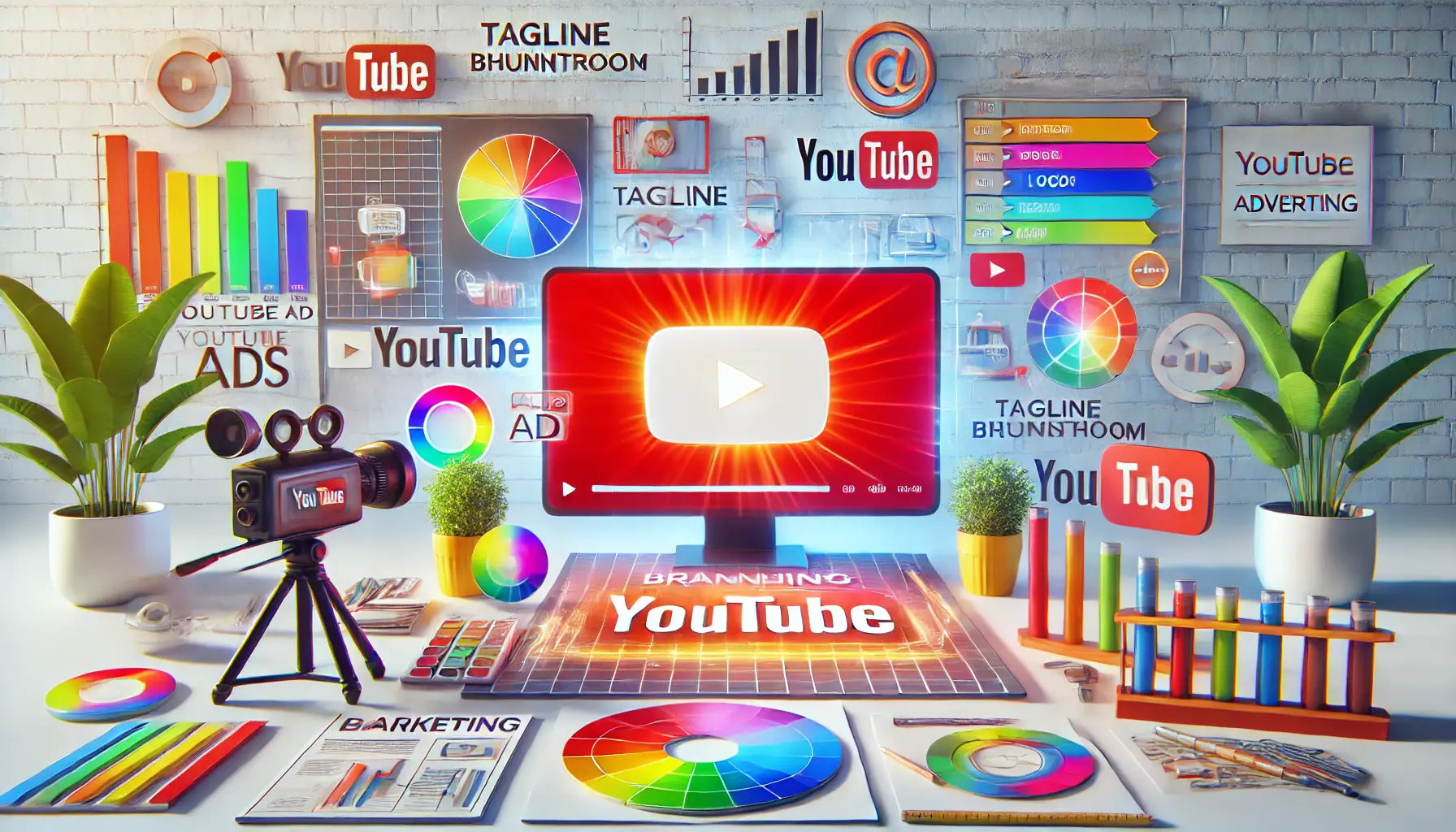 A digital workspace with a YouTube ad on a screen surrounded by branding tools like color swatches, logo designs, and marketing graphs.