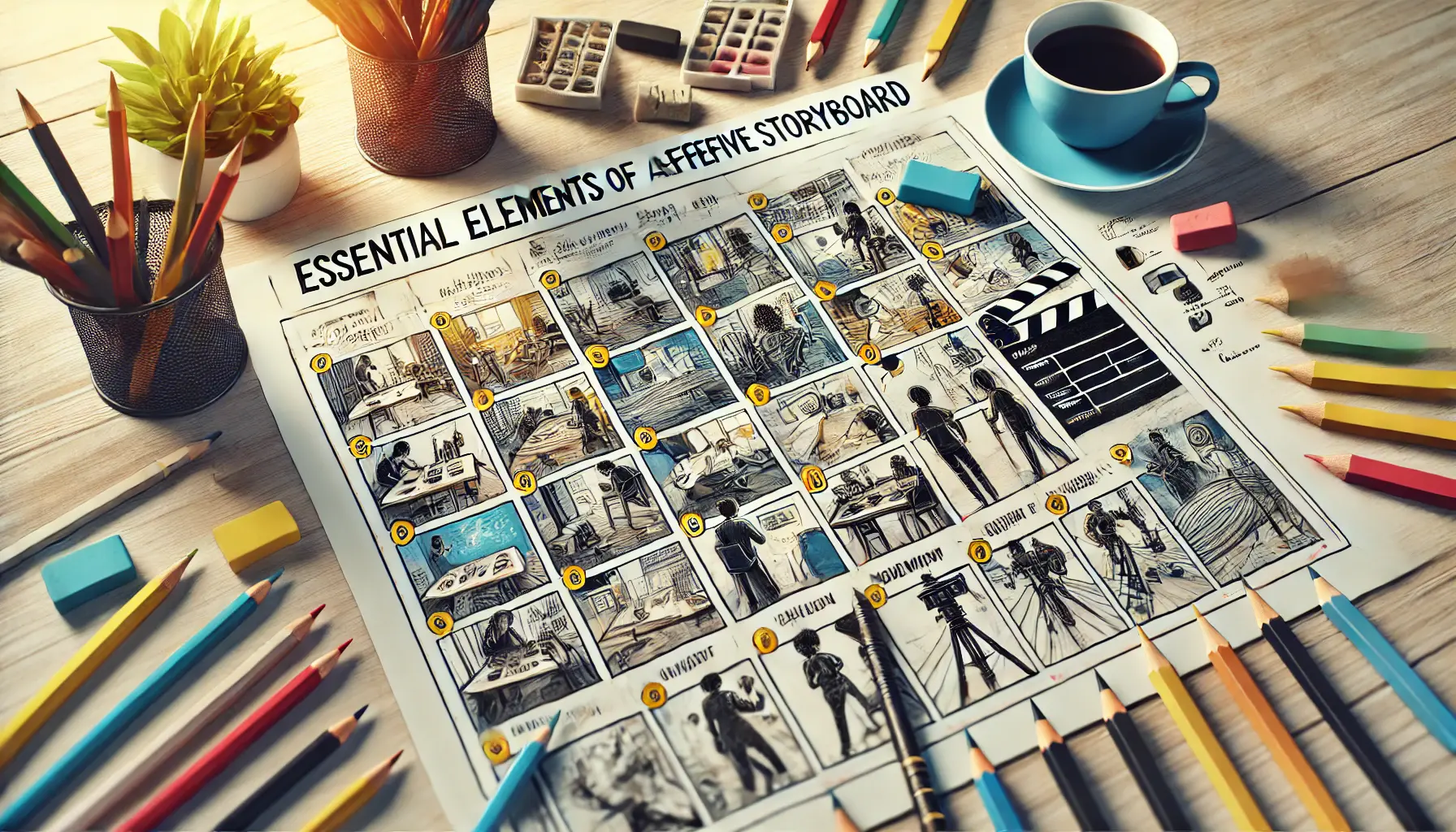 A close-up view of a storyboard with hand-drawn frames, surrounded by tools like colored pencils and a ruler on a creative workspace.