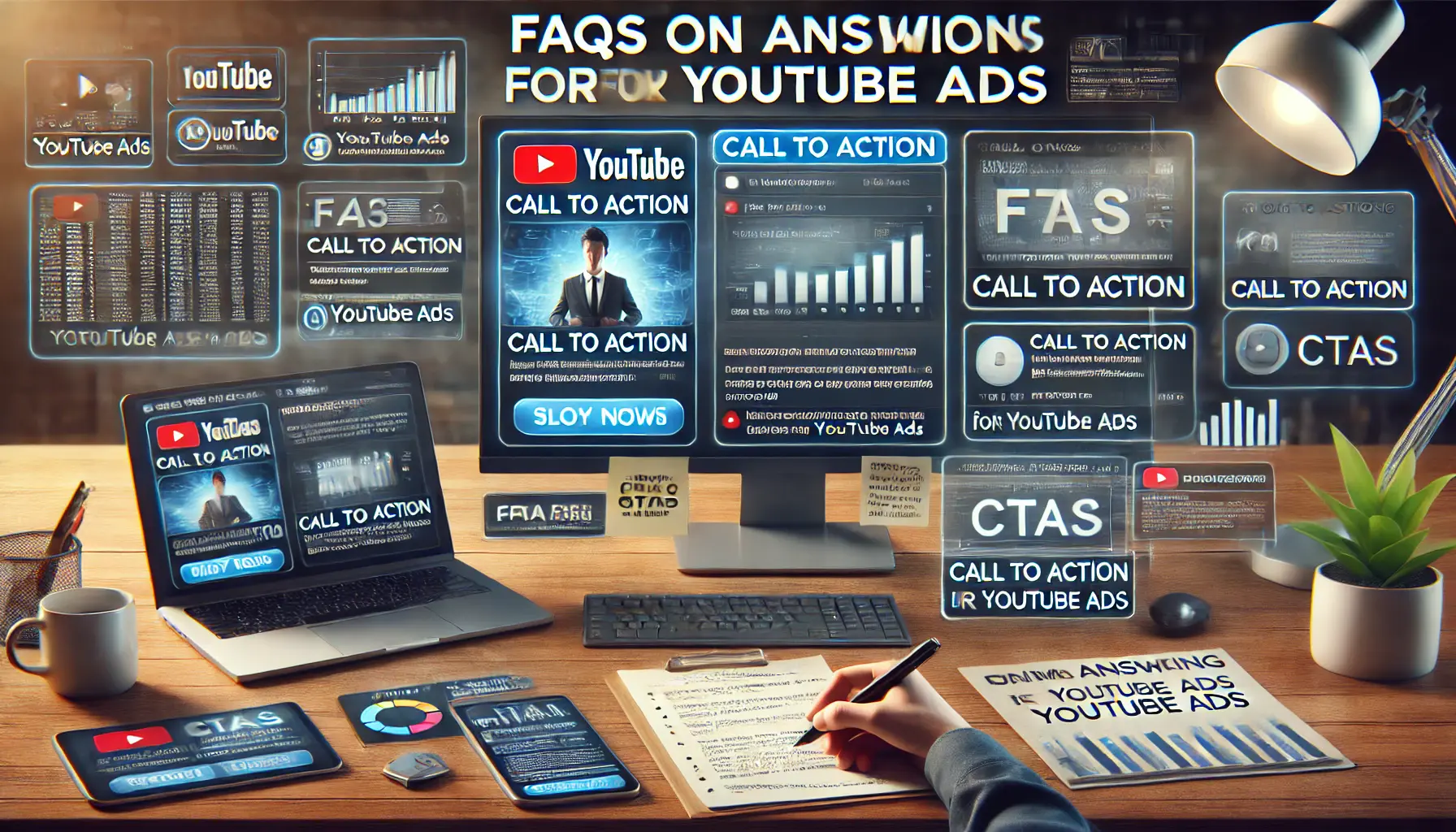 A digital workspace where a marketer is analyzing a YouTube ad interface with a computer screen showing ad metrics, a tablet with insights, and a notepad with handwritten notes.