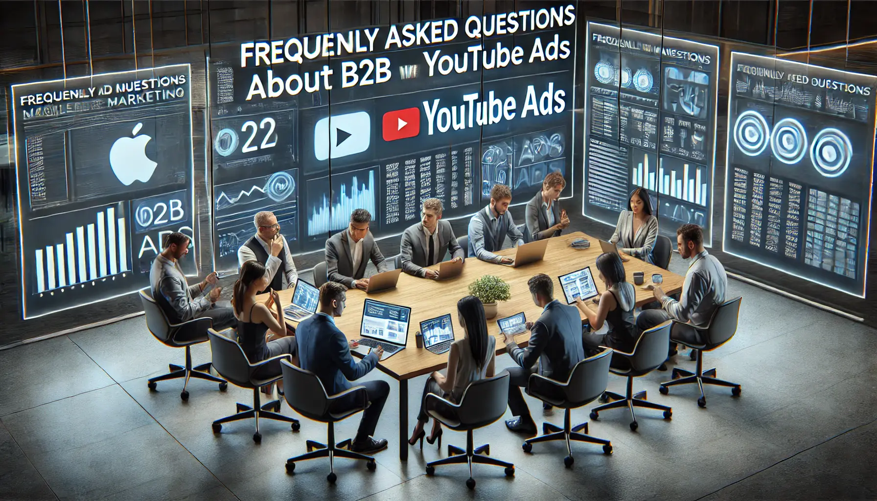 A team of digital marketers in a modern office discussing B2B marketing strategies and YouTube ads, with devices showing analytics and dashboards.