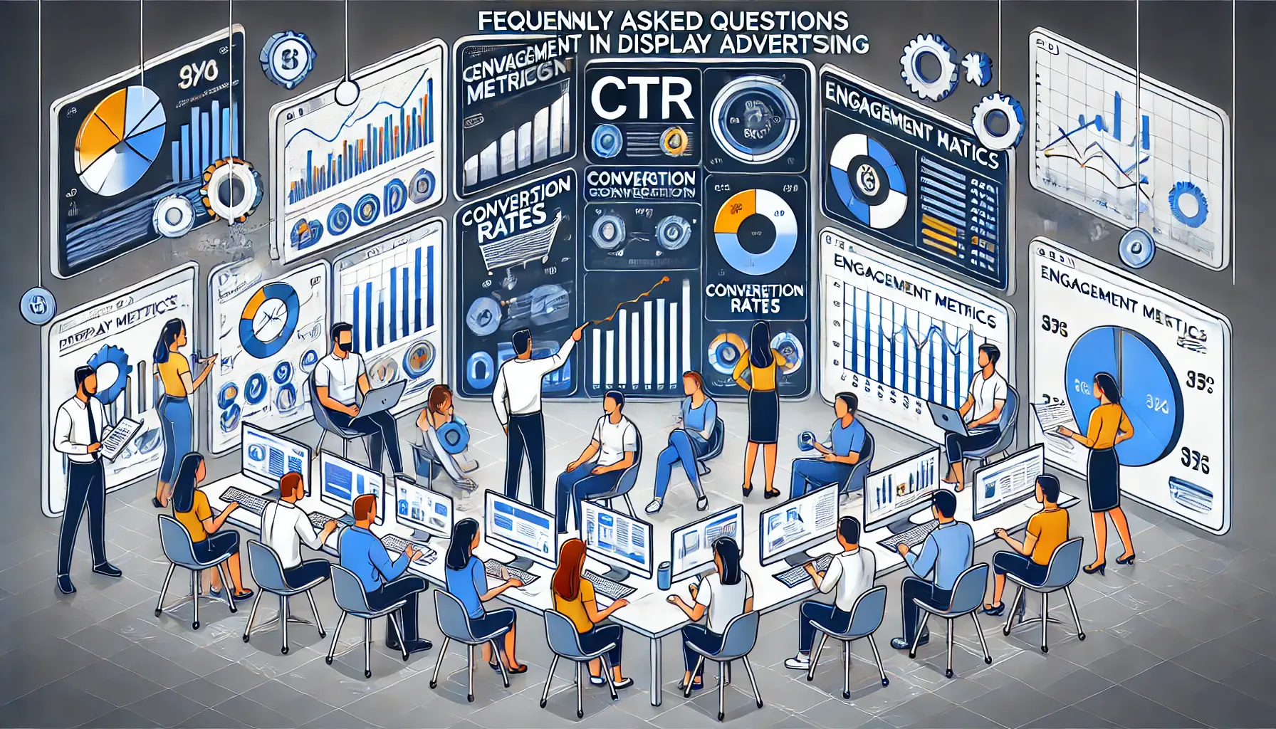 A digital marketing team gathered around multiple screens displaying various engagement metrics like CTR, conversion rates, and engagement rates, analyzing data together.