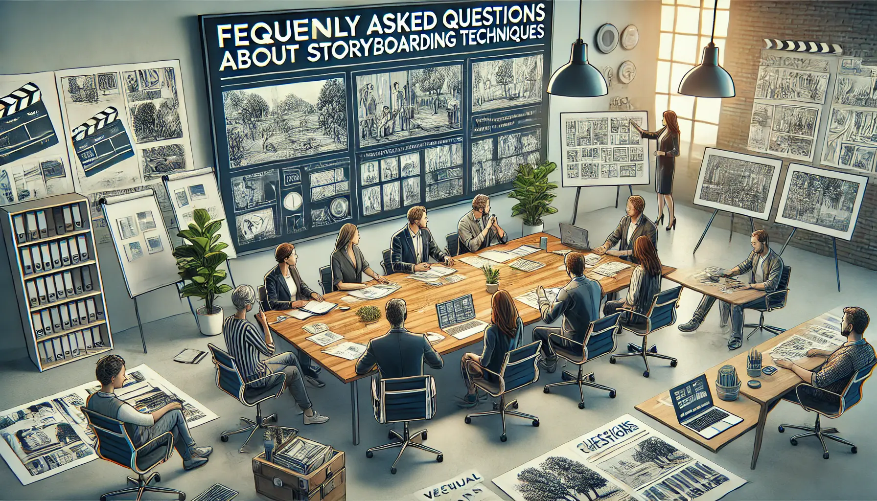 A group of creative professionals sitting around a conference table, discussing storyboards with digital tablets, laptops, and a whiteboard in the background.