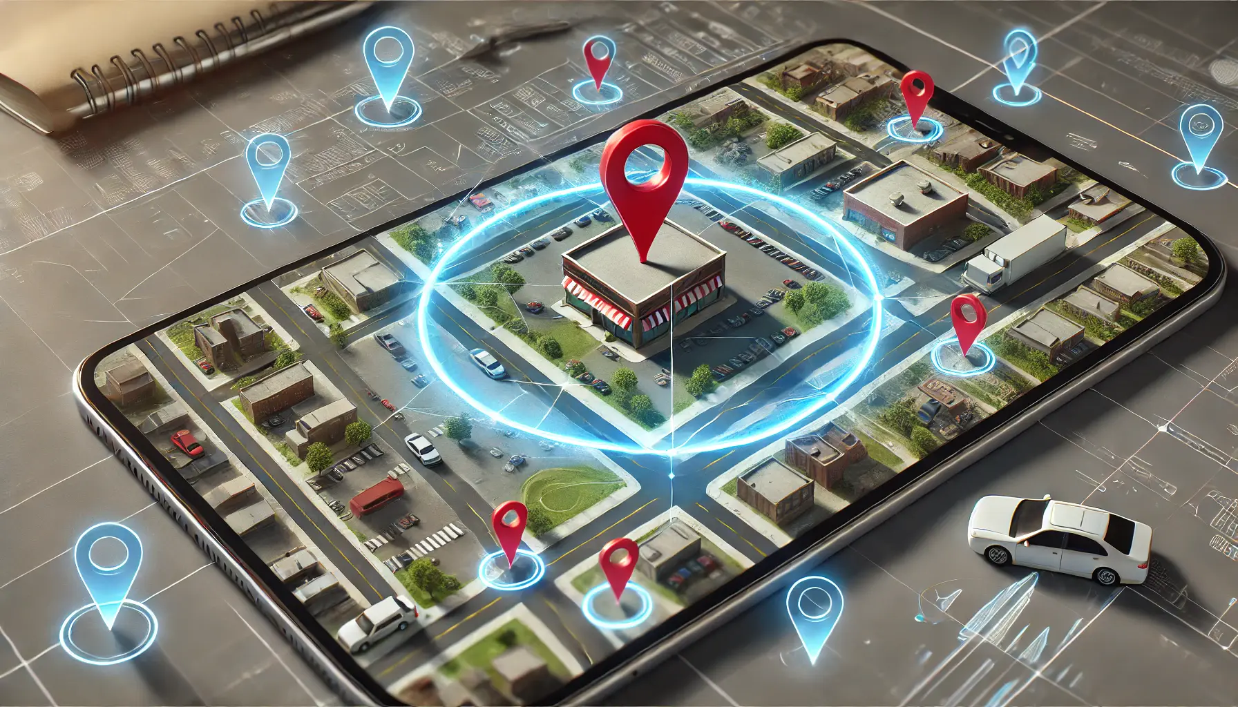 A digital map showing a geo-fencing boundary around a location, with customers inside the boundary represented by location pins or smartphones.