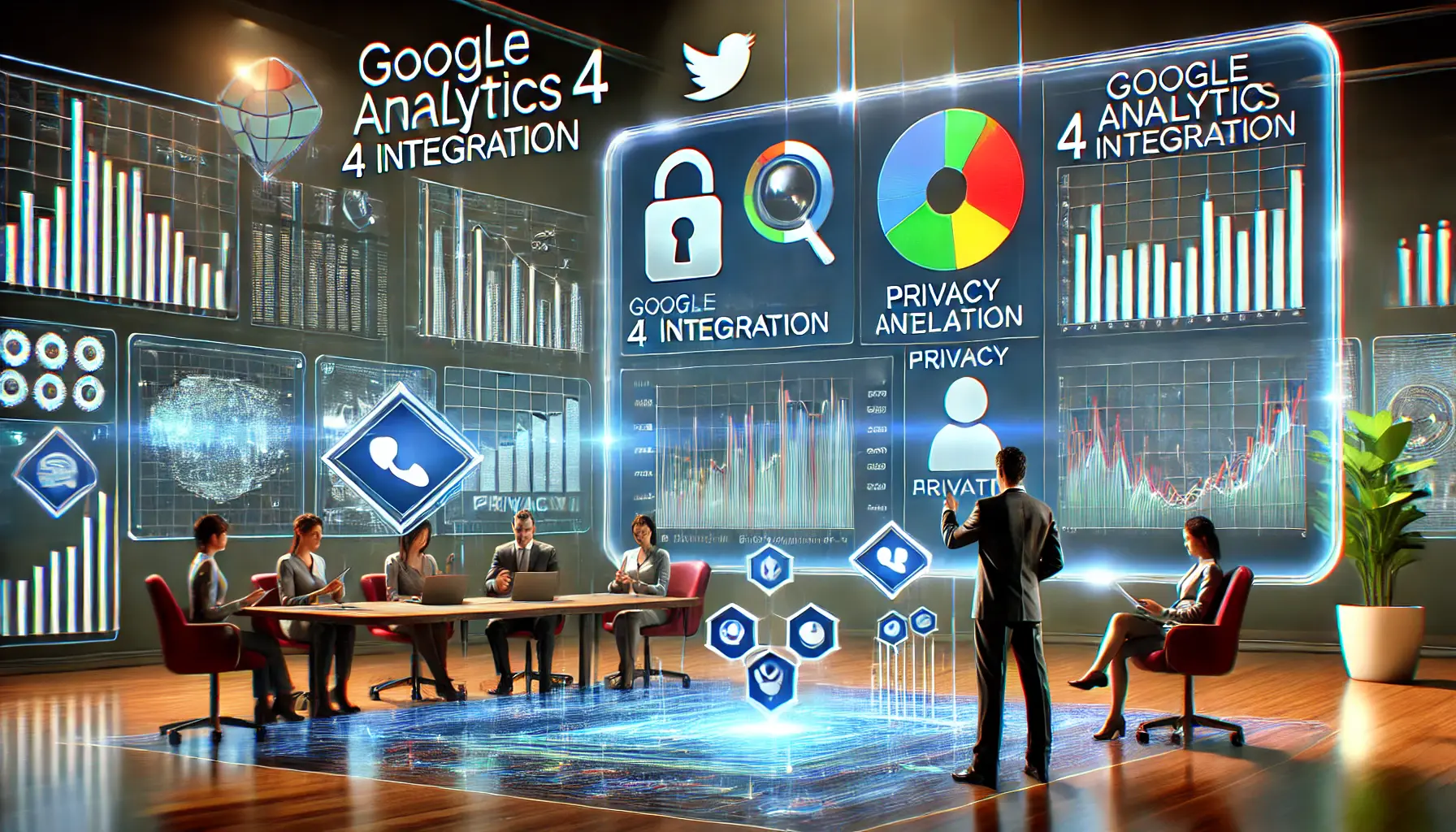 A modern analytics dashboard displaying user behavior metrics and predictive analytics, surrounded by holographic icons like data streams and security shields.