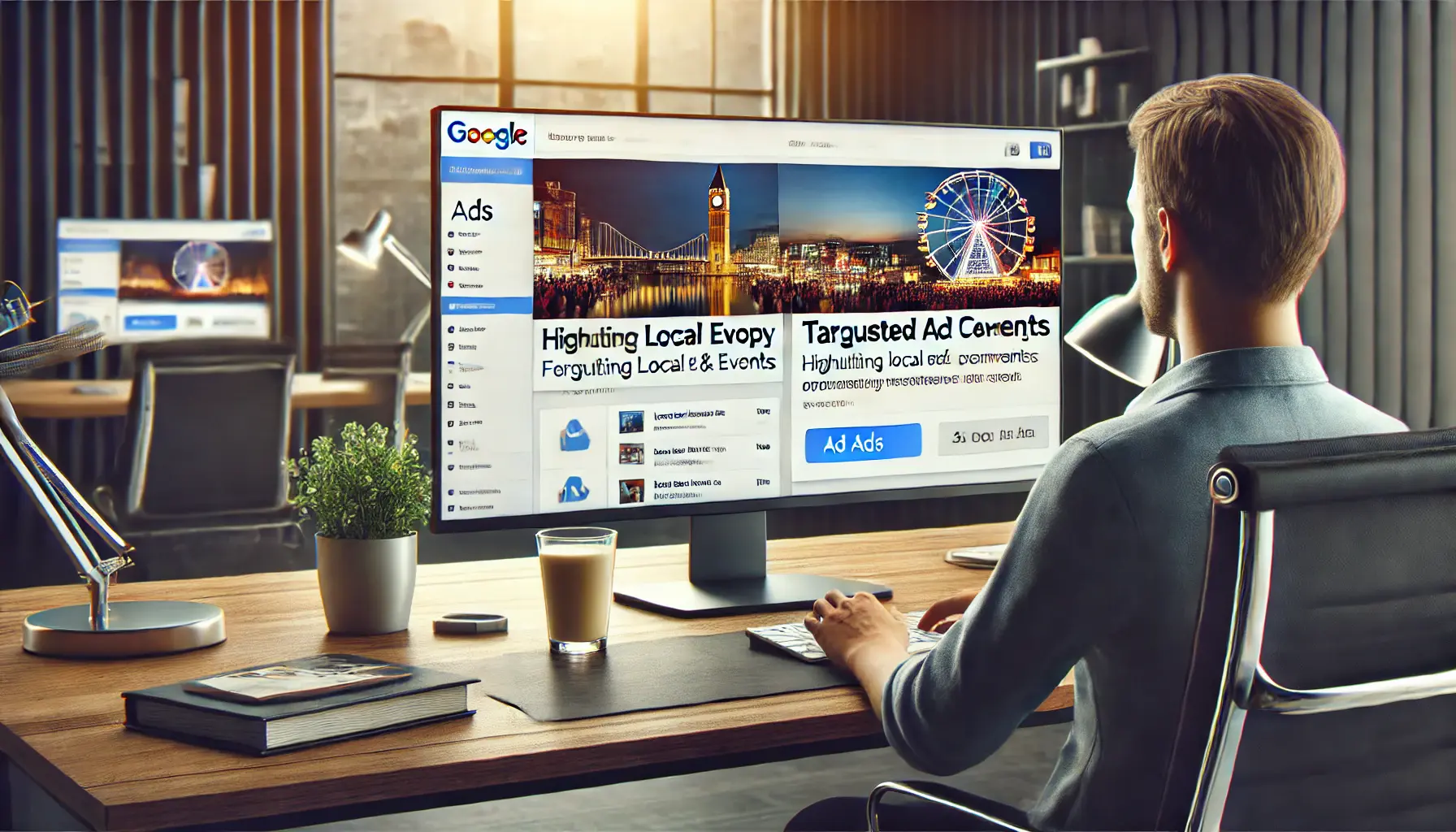 A digital marketing professional highlighting local events and promotions on a Google Ads interface for targeted campaigns.