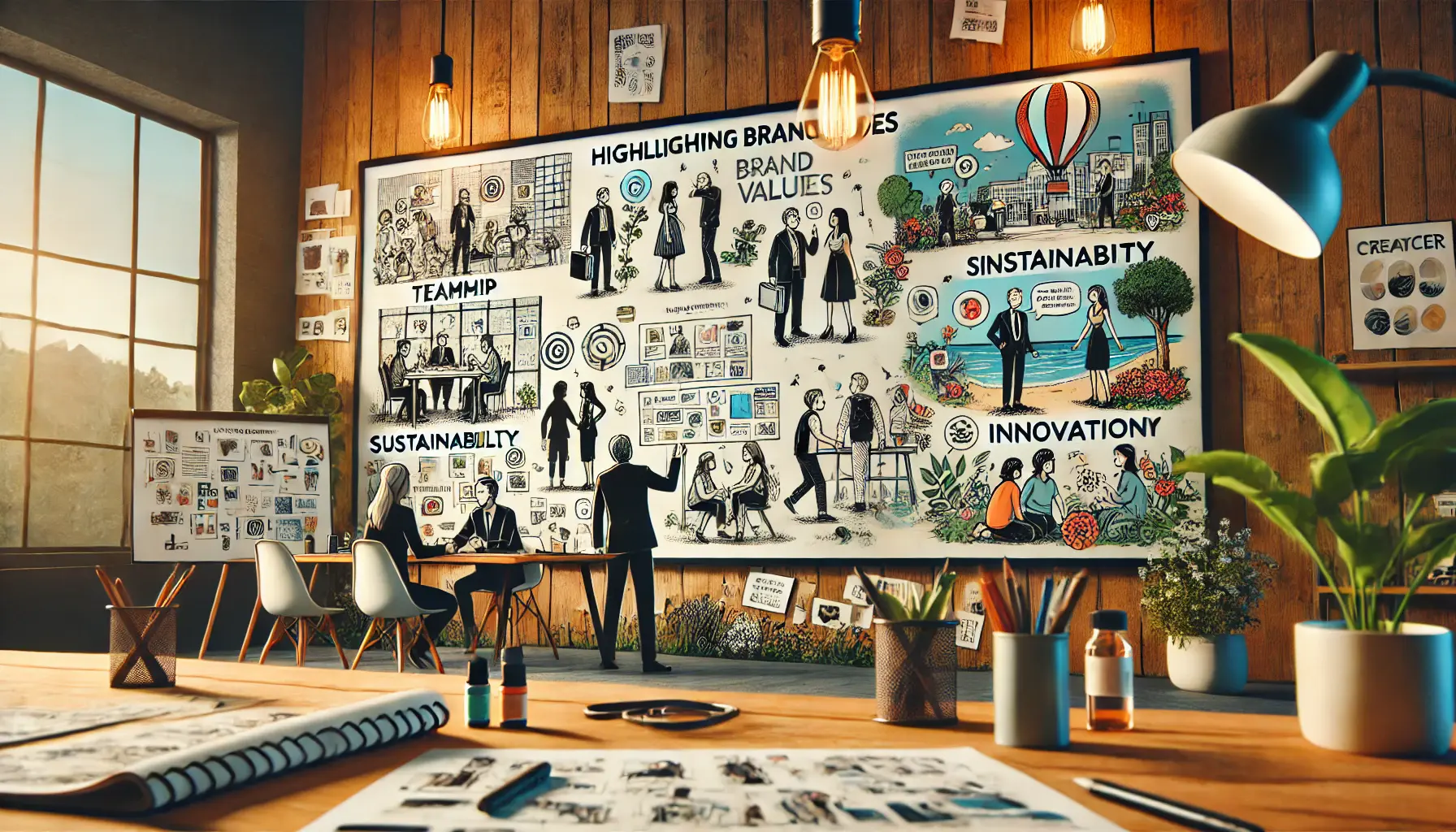 A storyboard with characters in various scenarios depicting brand values like teamwork, sustainability, and innovation, with design tools in a modern office.