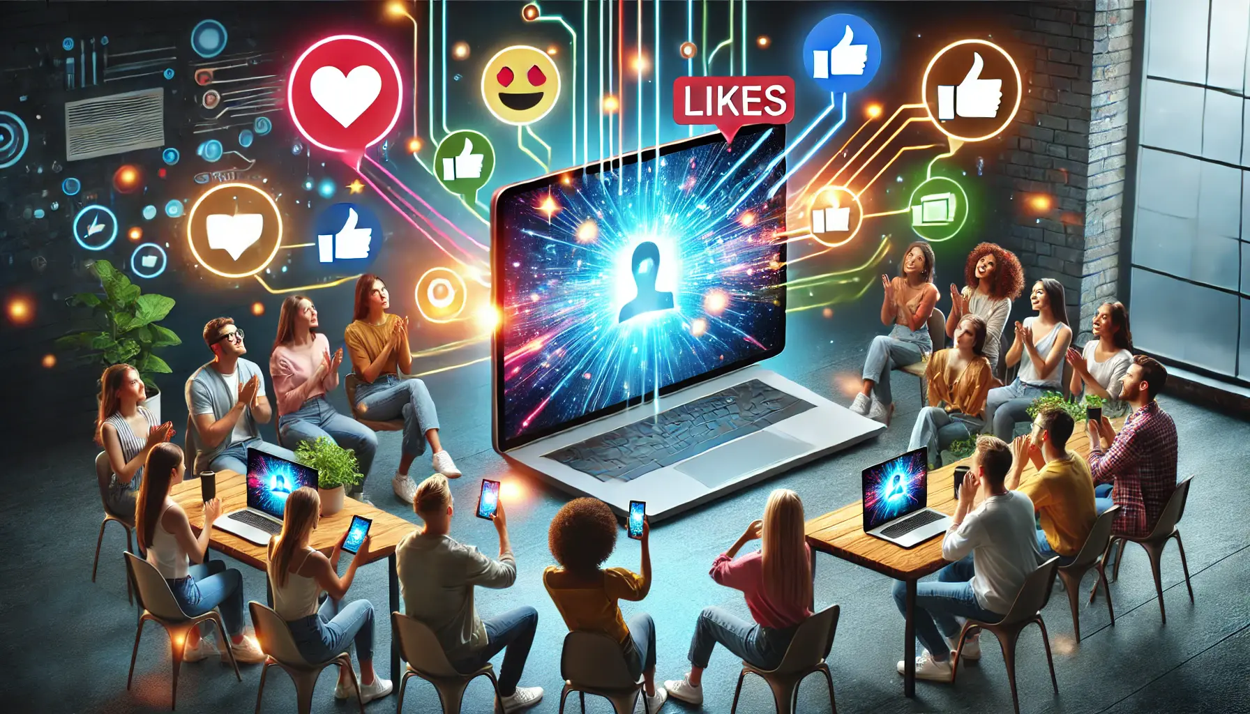 A digital ad displayed on multiple devices with glowing icons of likes, shares, and comments, symbolizing viewer engagement and positive audience reactions.