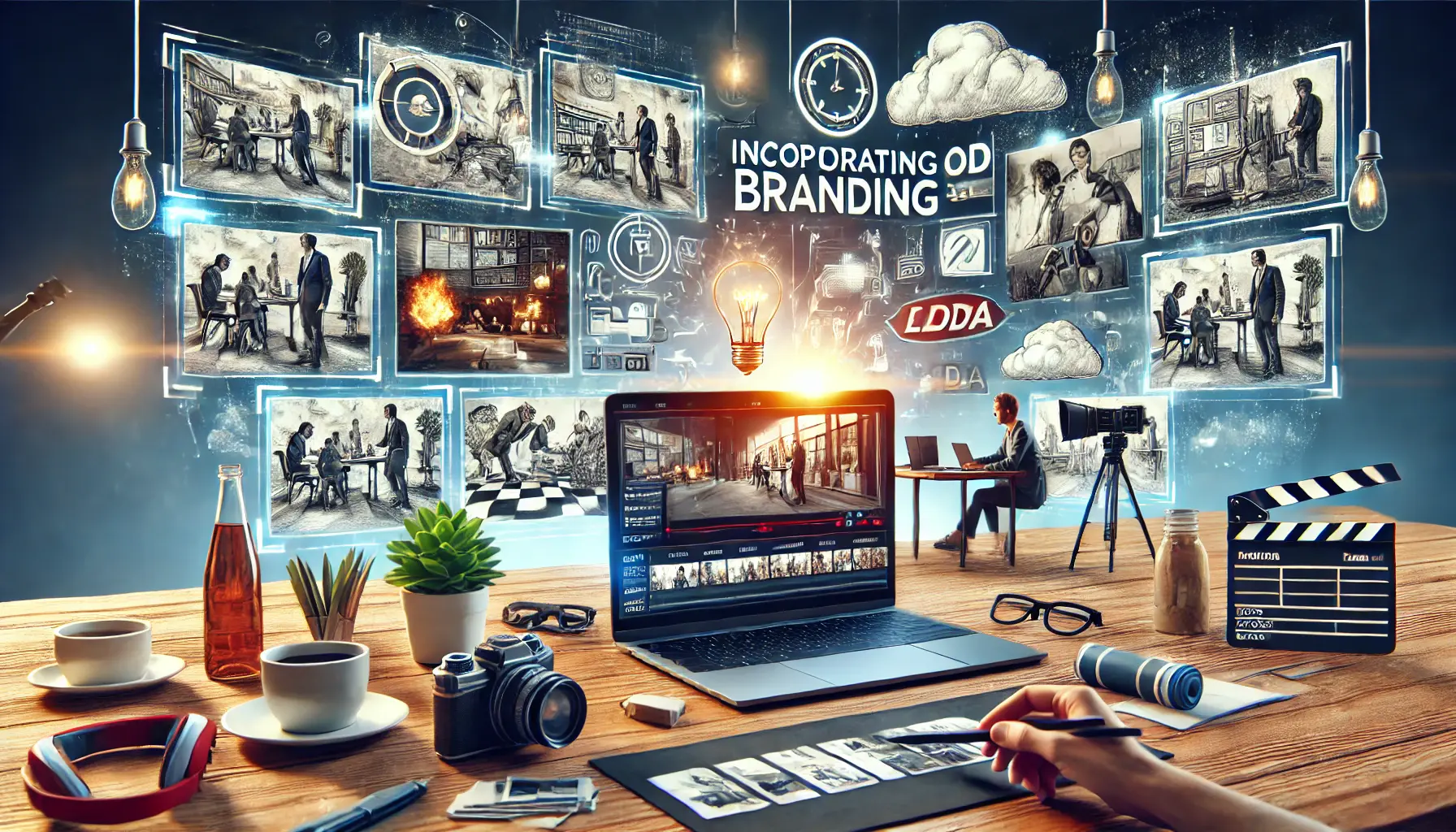 A storyboard layout with scenes from a commercial, showcasing key moments and brand elements, with a desk featuring video equipment and a laptop.