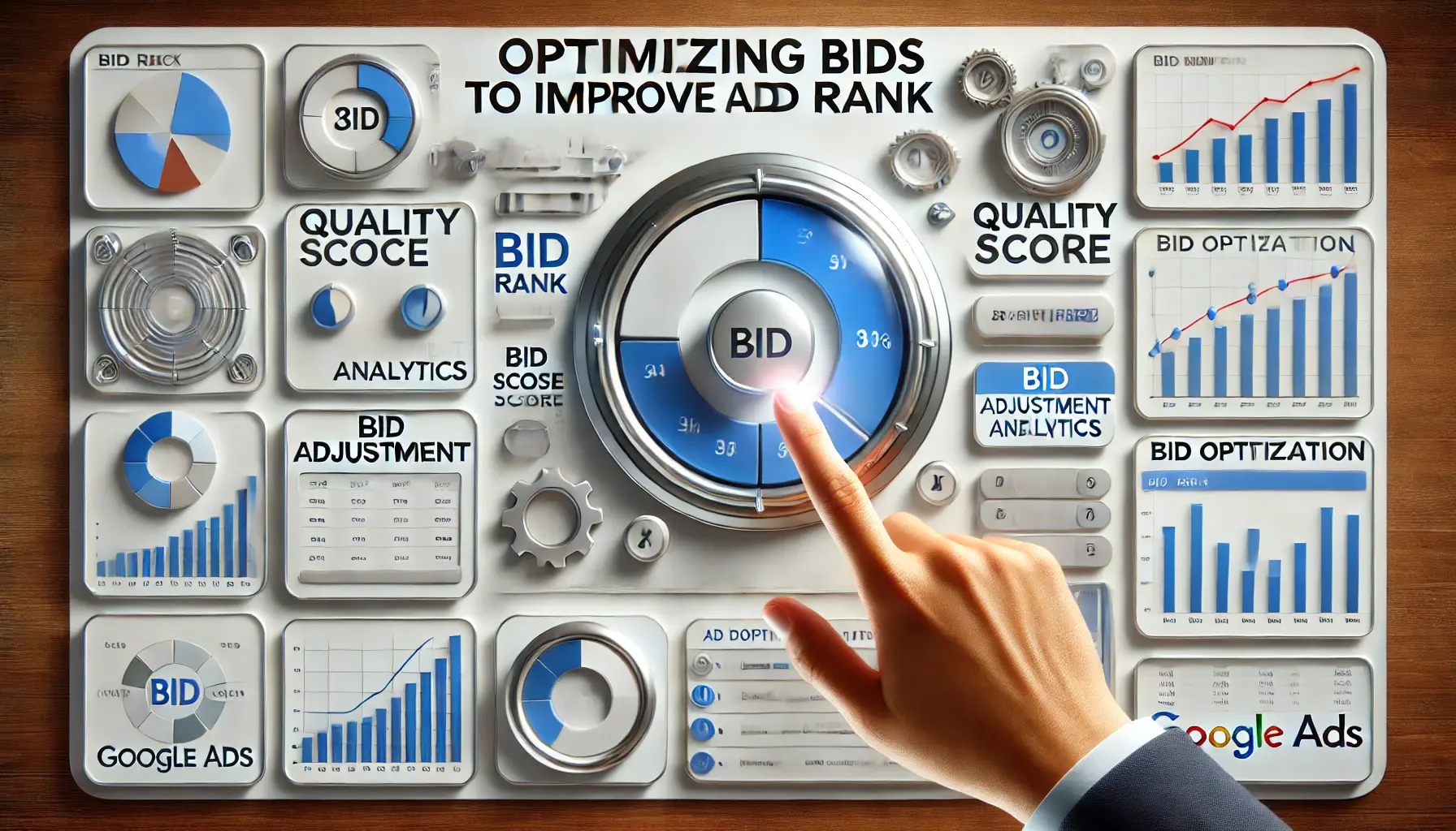 A depiction of bid optimization in Google Ads, showcasing bid adjustments, Quality Score analytics, and ad placement metrics.