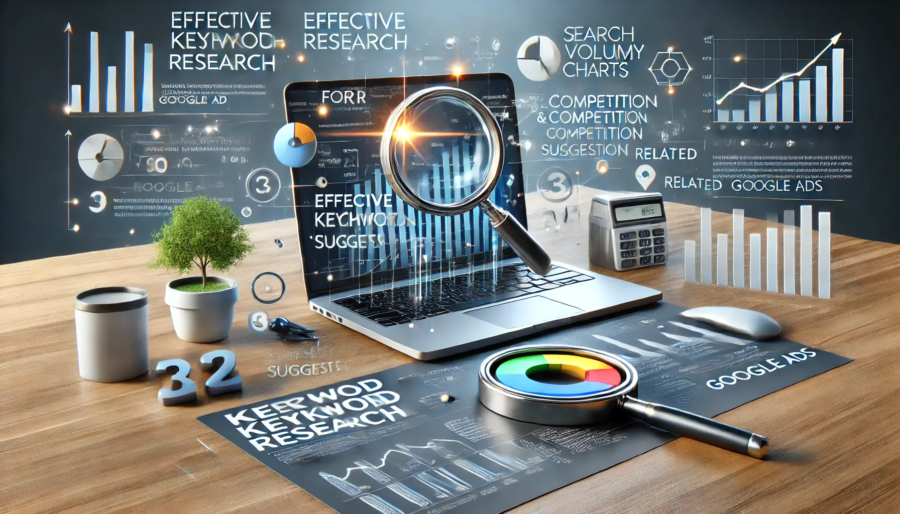 A depiction of effective keyword research for Google Ads, showcasing tools, search volume charts, and related keyword suggestions.