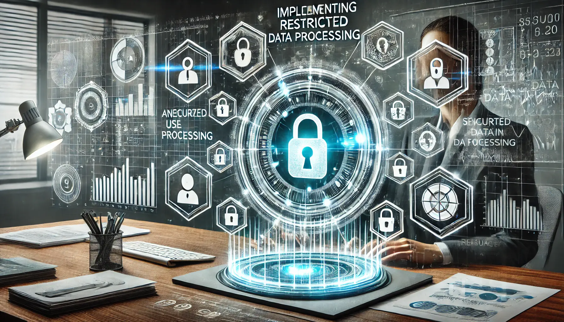 A digital dashboard displaying anonymized user data and secure processing visuals, surrounded by holographic privacy icons like shields and padlocks, symbolizing restricted data processing.