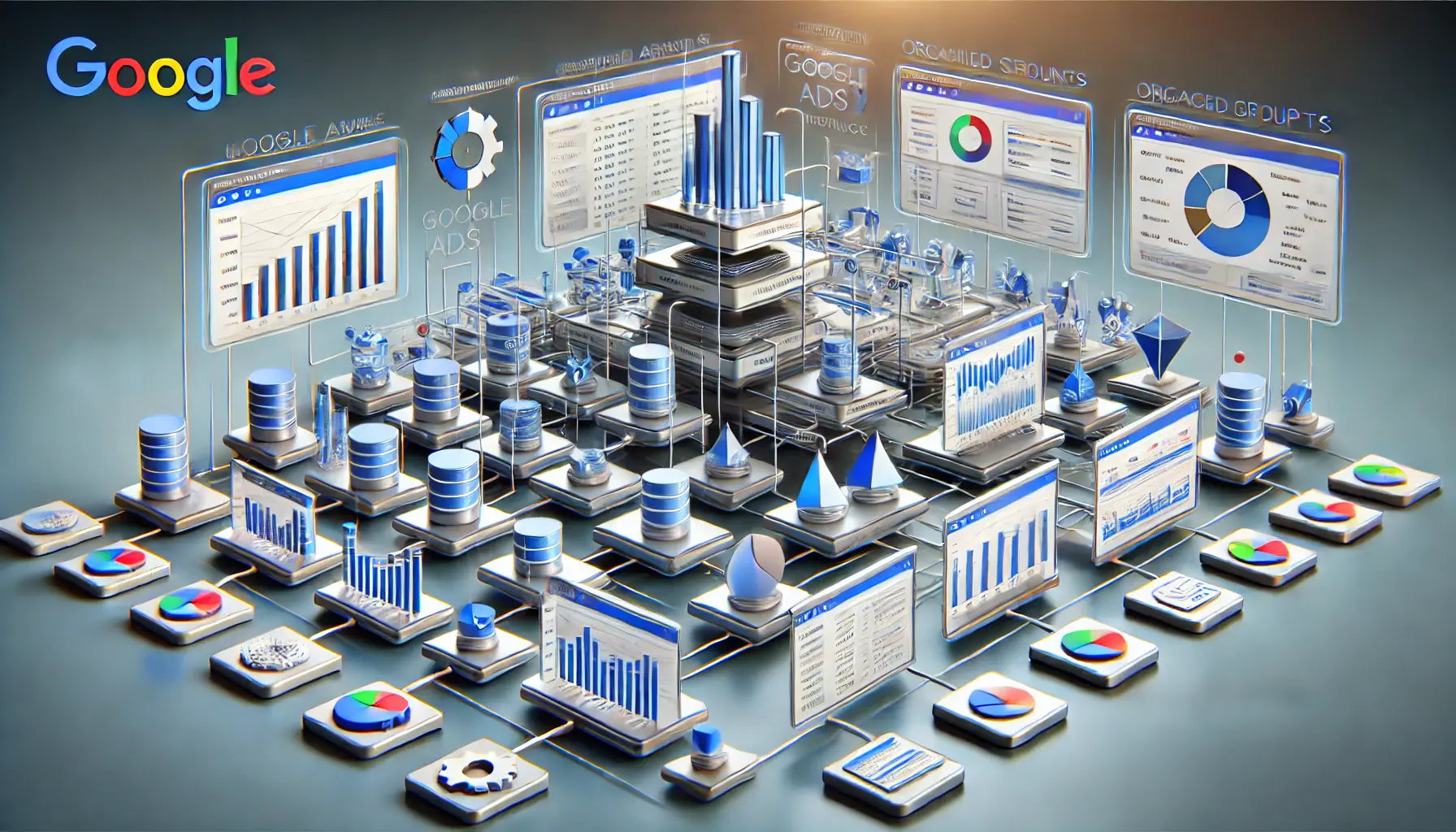 A depiction of a well-organized Google Ads account structure with hierarchical levels, campaigns, and dashboards.