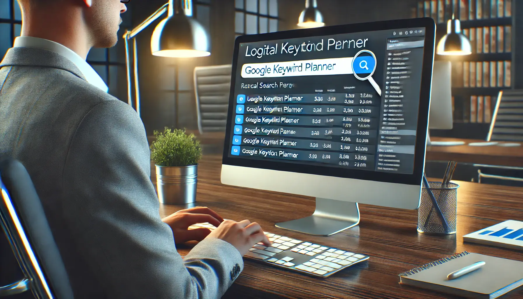 A digital marketing professional analyzing local keywords and phrases on a computer screen using a tool like Google Keyword Planner.