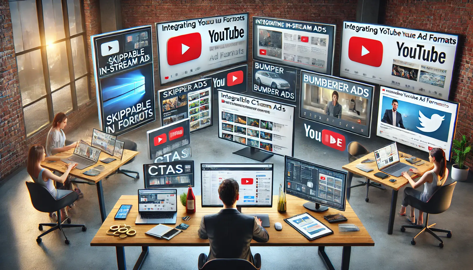 A digital marketer analyzing different YouTube ad formats on multiple screens, showcasing skippable in-stream ads, bumper ads, and video discovery ads with interactive CTAs.