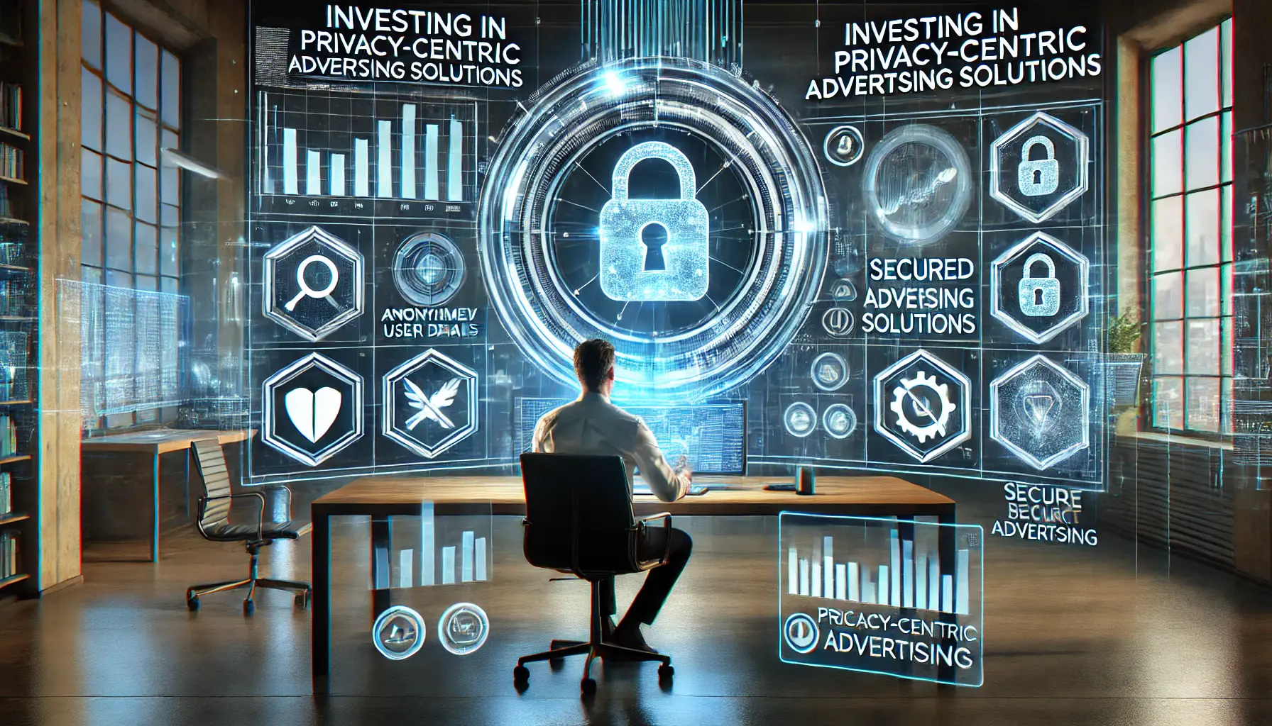 A professional analyzing advertising metrics on a secure digital dashboard, surrounded by holographic privacy icons like shields and consent toggles, symbolizing privacy-centric advertising.