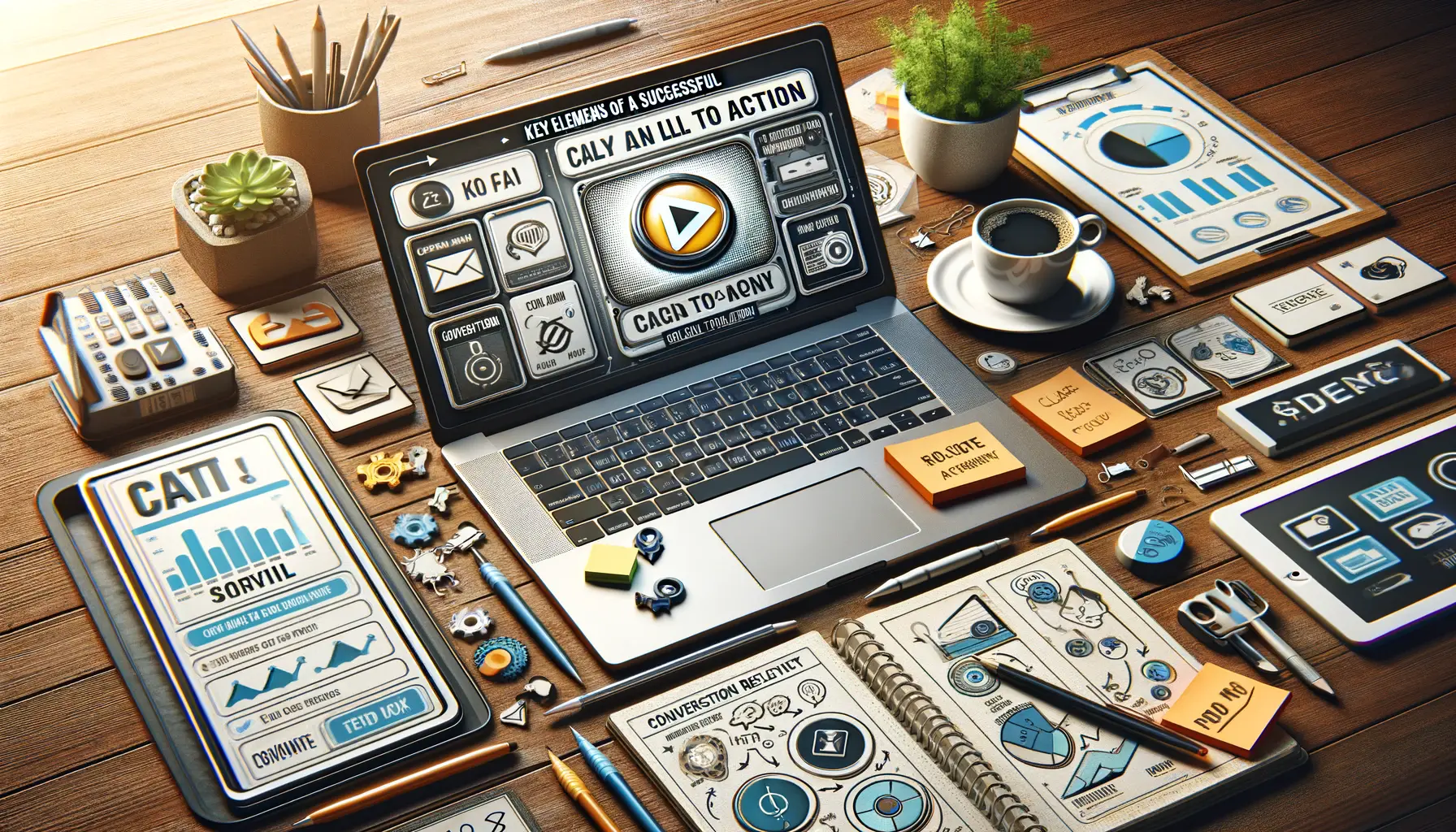 A creative marketer's desk showcasing a laptop with a visually compelling button mockup, surrounded by tools like a tablet with conversion charts, sticky notes, and CTA sketches.