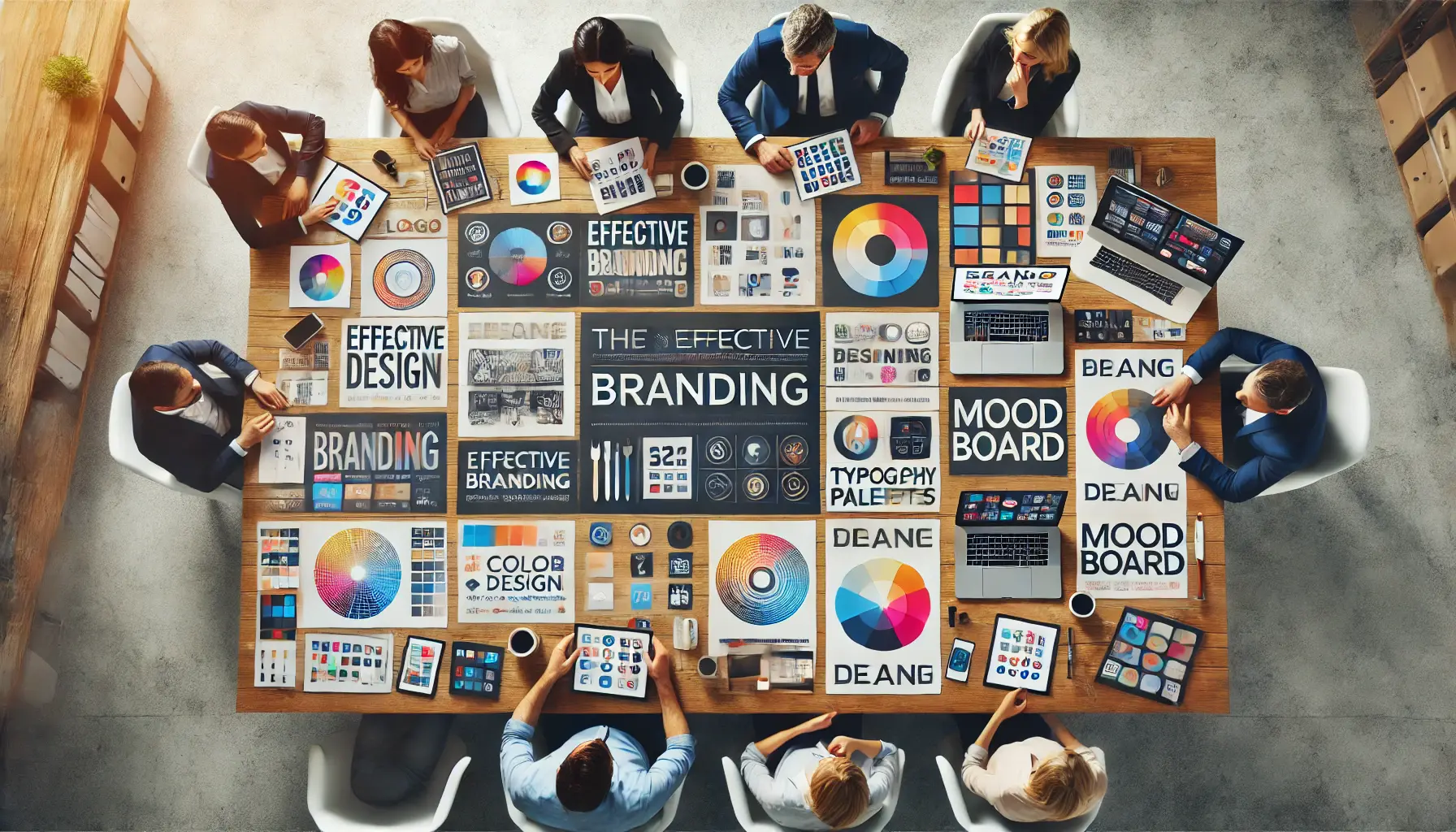 A team of designers collaborating around a table with branding materials like logo designs, color palettes, and mood boards.