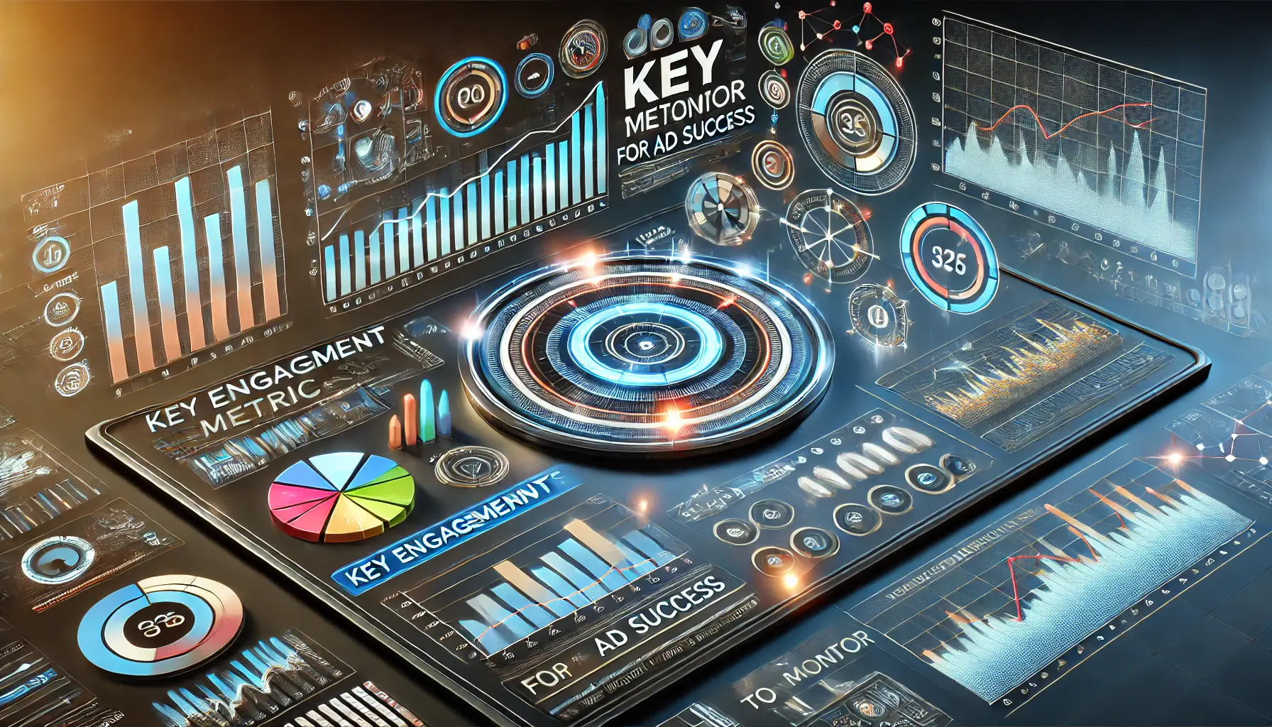 A digital dashboard with graphs and data visualizations like bar charts, pie charts, and line graphs, symbolizing the monitoring of key engagement metrics for ad success.