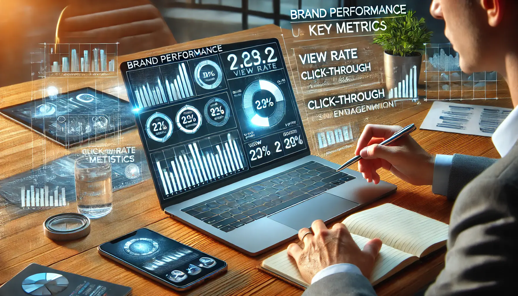 A person analyzing key brand performance metrics on a digital dashboard with charts and graphs in a modern office.