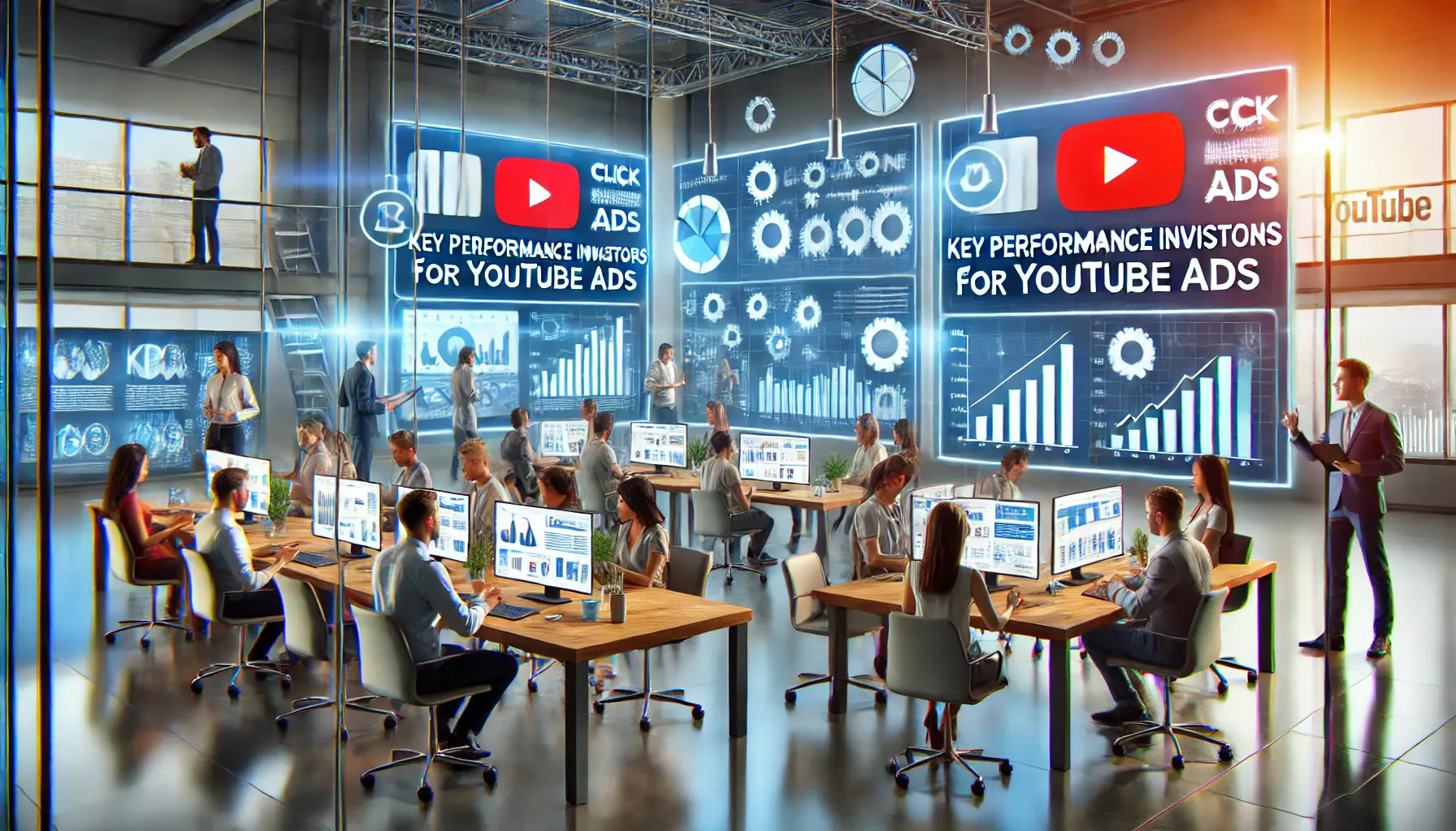 A team of digital marketers analyzing key performance indicators (KPIs) for YouTube ad campaigns, including click-through rates, conversions, and engagement metrics.