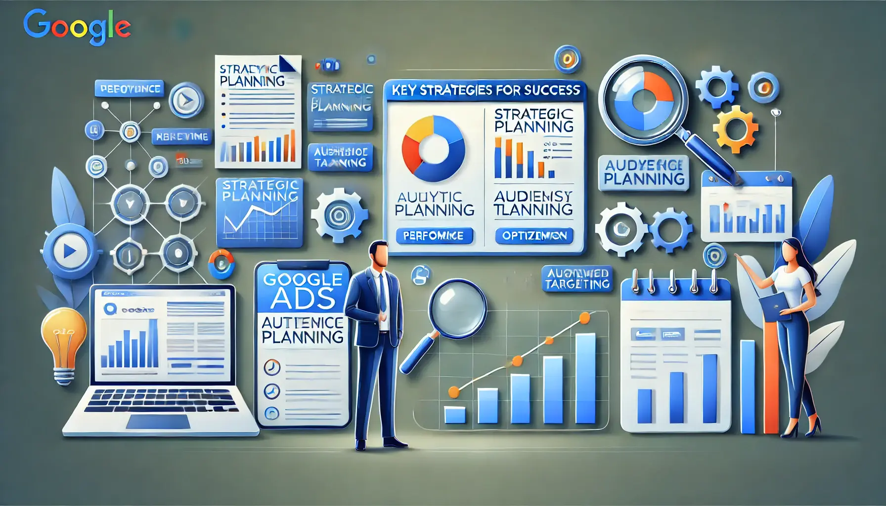 A depiction of key strategies for success in Google Ads, showcasing analytics dashboards, strategic planning workflows, and audience targeting tools.