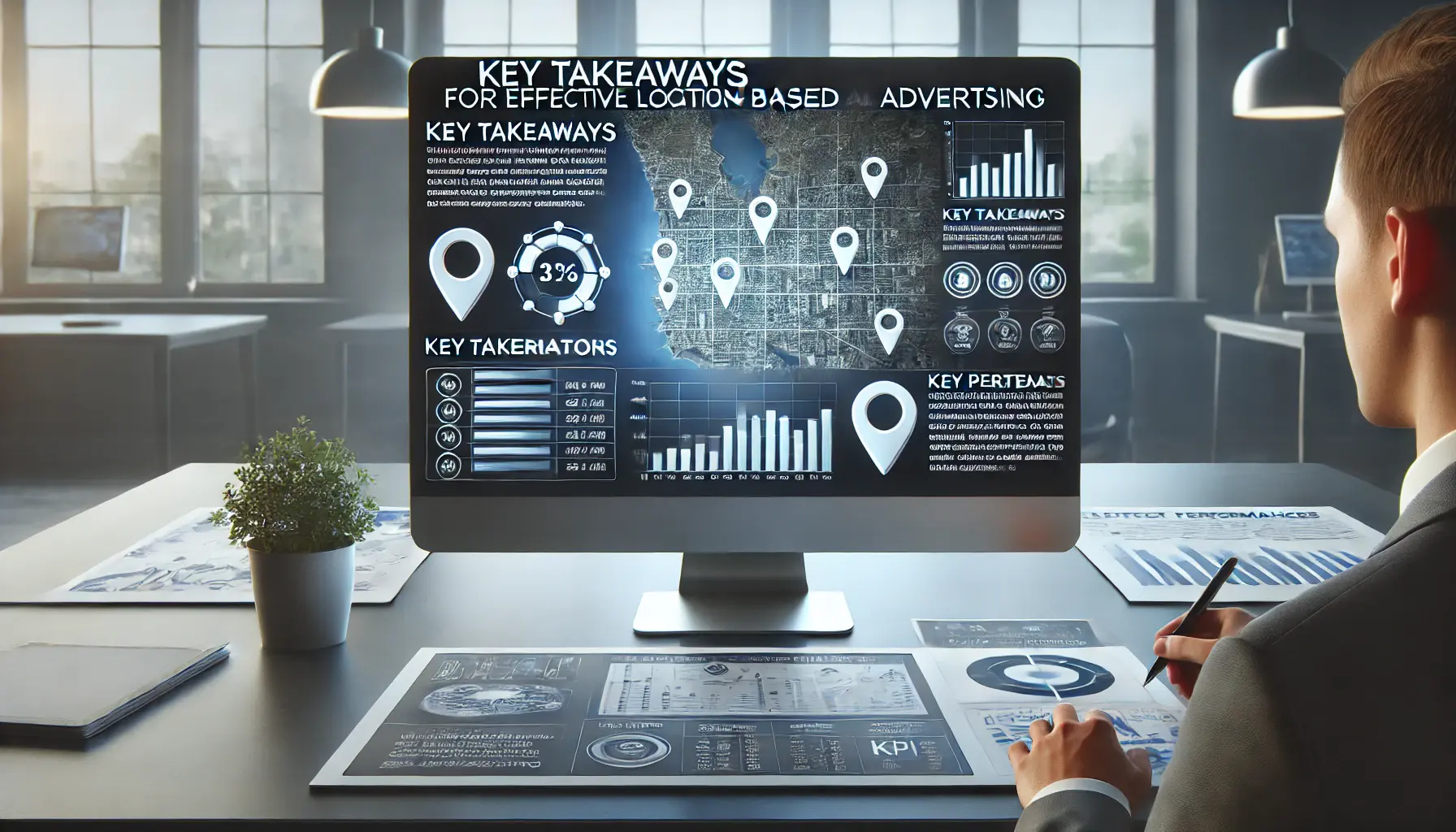 A digital marketing professional reviewing a comprehensive report on key takeaways for effective location-based advertising, with maps and analytics displayed.