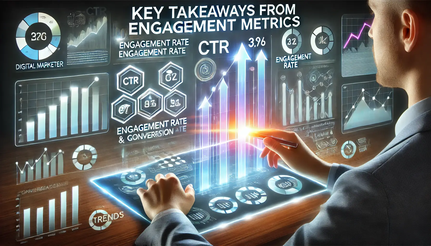 A digital marketer reviewing a dashboard with key engagement metrics like CTR, engagement rate, and conversion rate, shown as interactive graphs with glowing arrows indicating improvements.