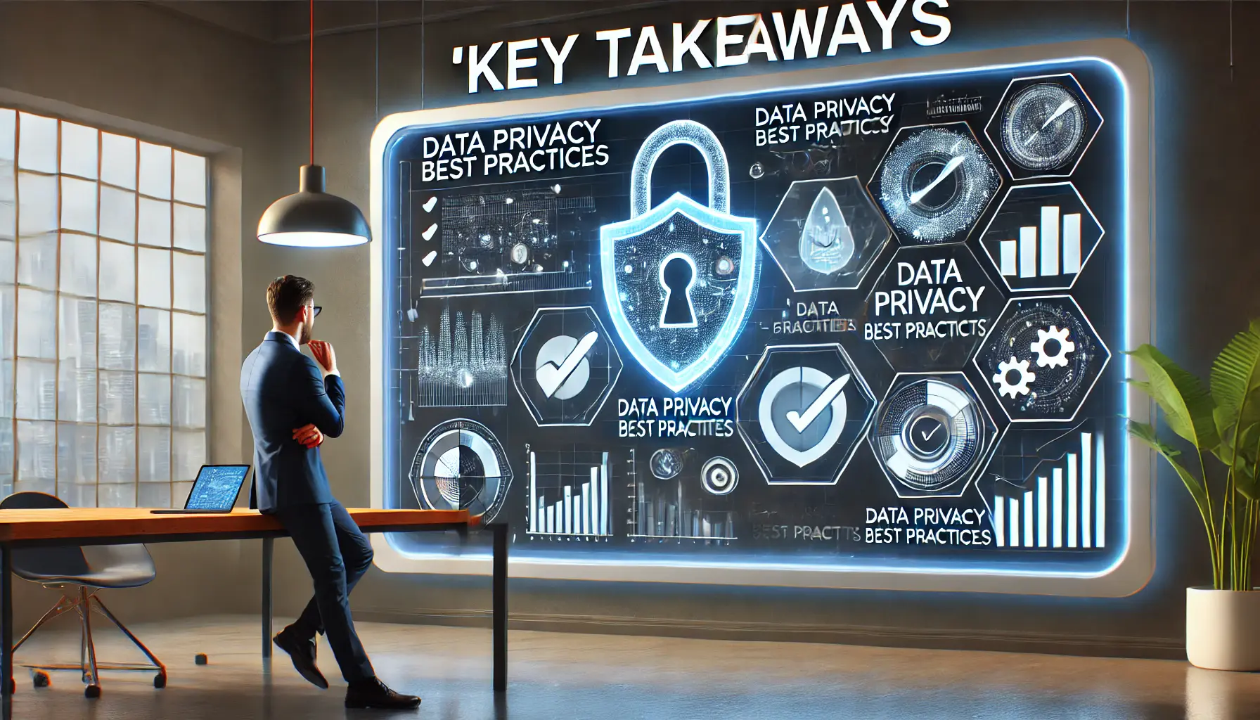 A professional reflecting on a digital summary board displaying data privacy best practices with holographic icons like checkmarks, shields, and pie charts.