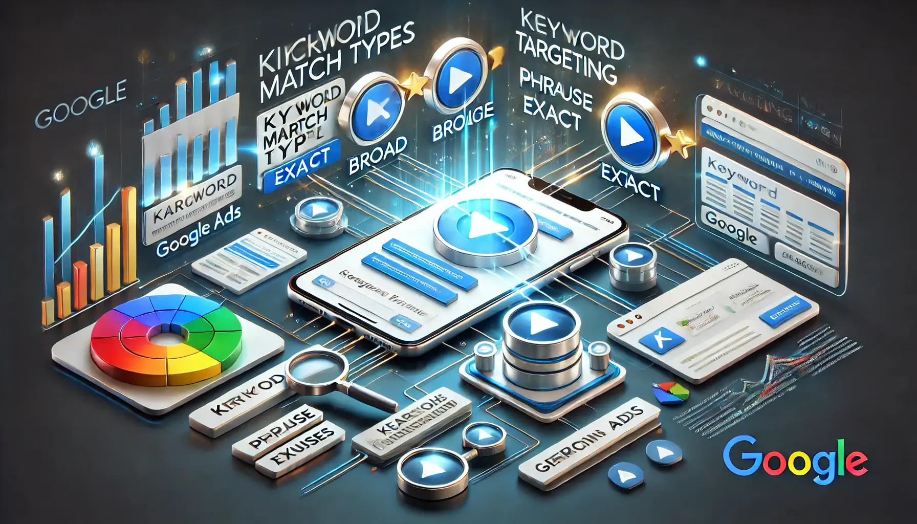 A depiction of keyword targeting and match types in Google Ads, featuring keyword match icons, targeting analytics, and keyword research tools.