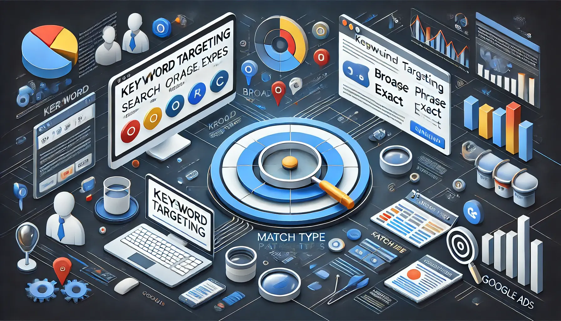 A depiction of keyword targeting and match types in Google Ads, showcasing research tools, search queries, and match type icons.