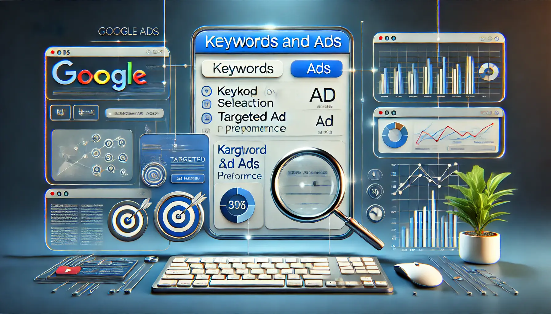 A representation of keyword selection tools and ad previews in Google Ads, with analytics for ad performance.