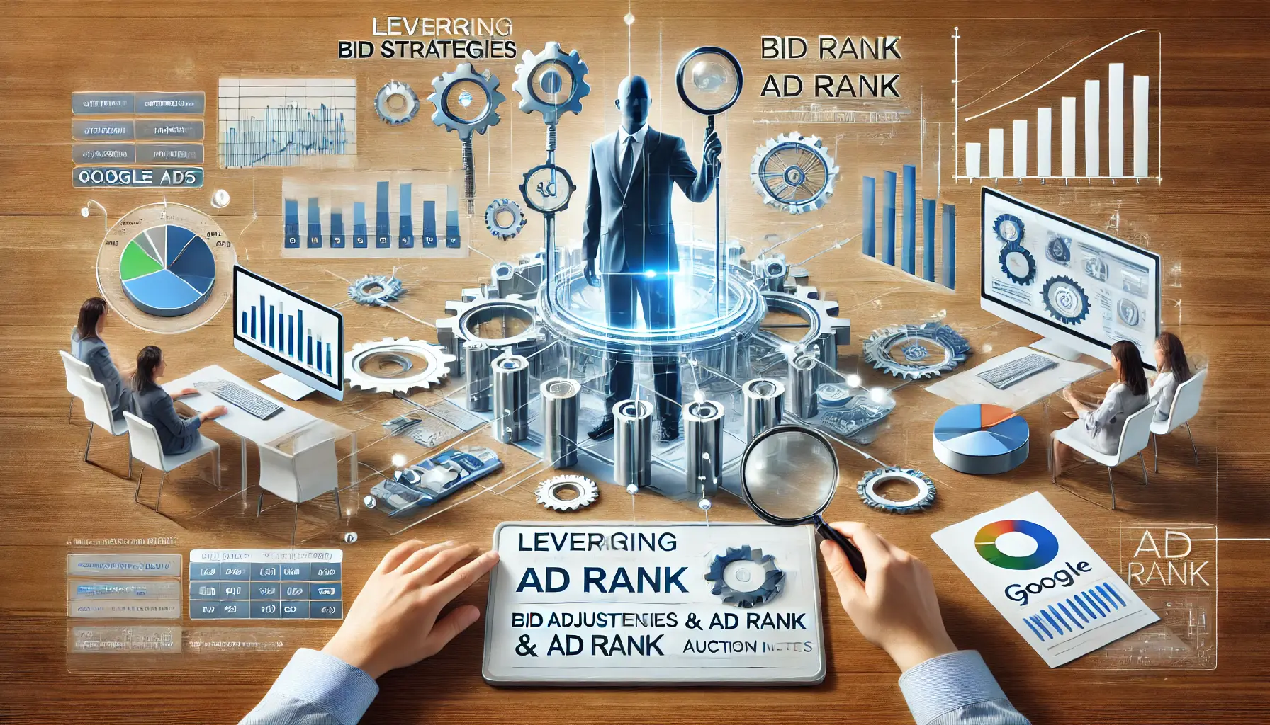 A depiction of leveraging bidding strategies and Ad Rank in Google Ads, showcasing bid adjustments, Ad Rank analytics, and auction insights.