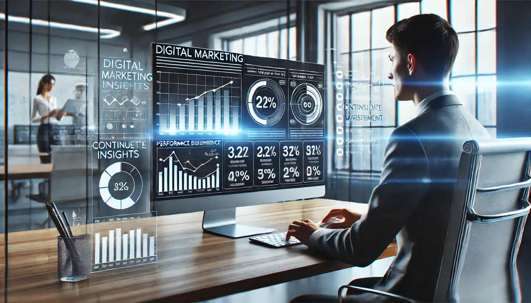 A digital marketing professional analyzing data-driven insights and performance metrics on a computer screen in a modern office.