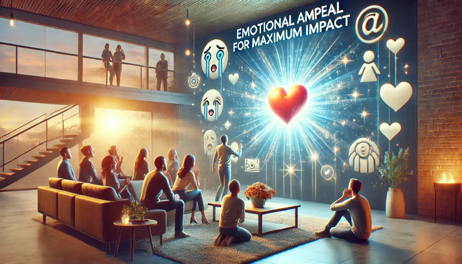 A group of people watching a heartfelt video with emotional reactions, surrounded by symbolic elements like hearts and light rays.