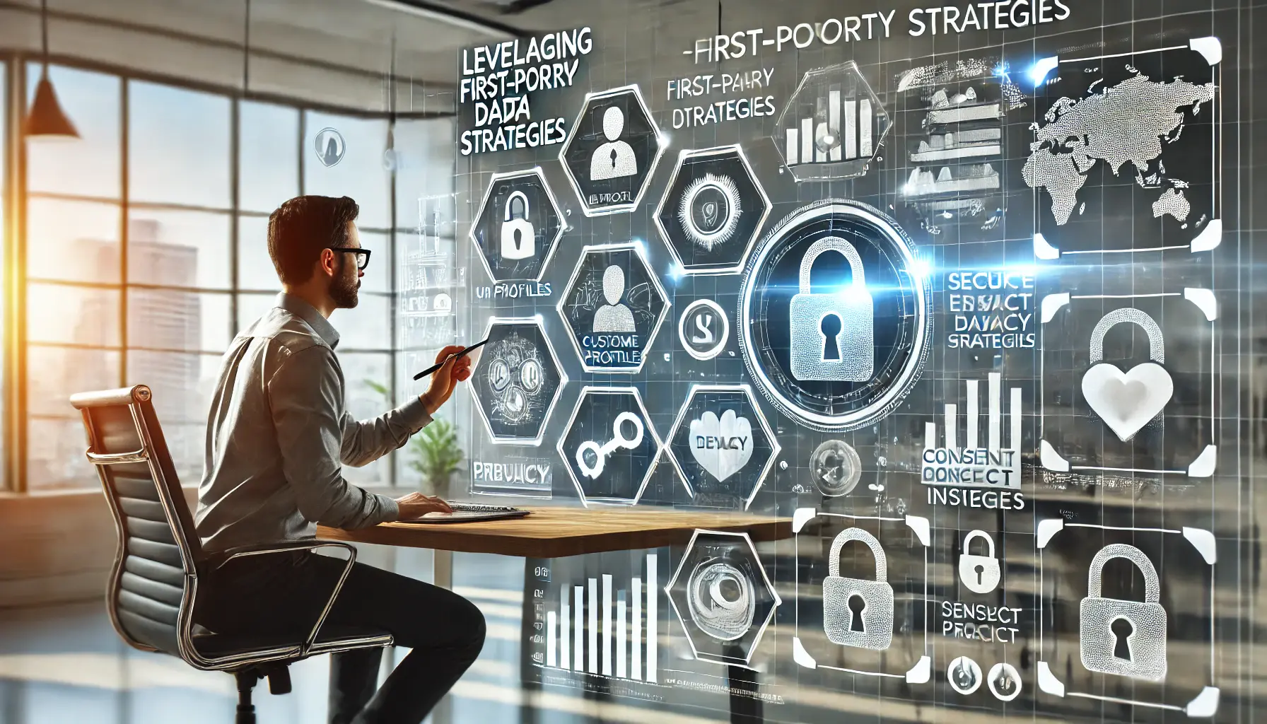 A professional analyzing customer data on a secure digital interface, surrounded by user profiles, data graphs, and privacy icons like padlocks.