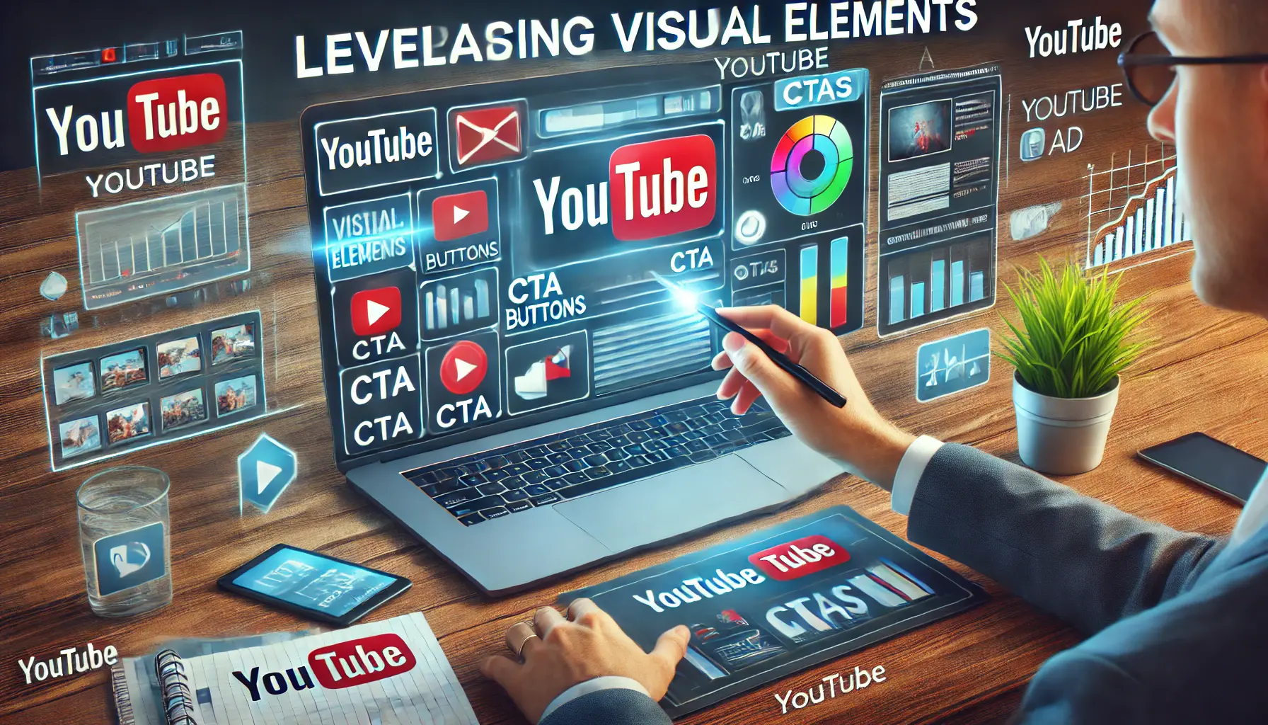 A marketer adjusting the design elements of a YouTube ad interface, highlighting visual components like contrasting colors, CTA buttons, and animation effects.