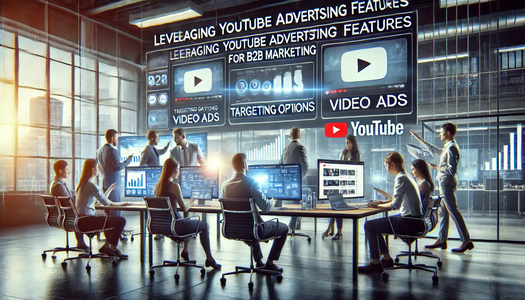 A team of digital marketers working in a modern office, analyzing YouTube advertising features like targeting, video ads, and campaign analytics on multiple screens.