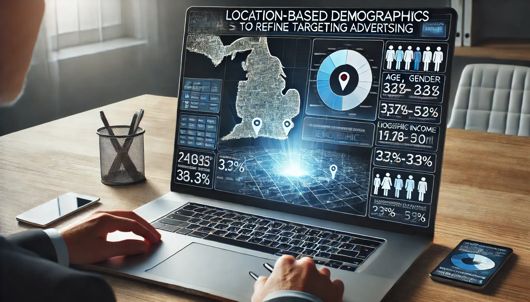 A digital interface showing location-based demographics such as age, gender, and household income on a map for targeted advertising.